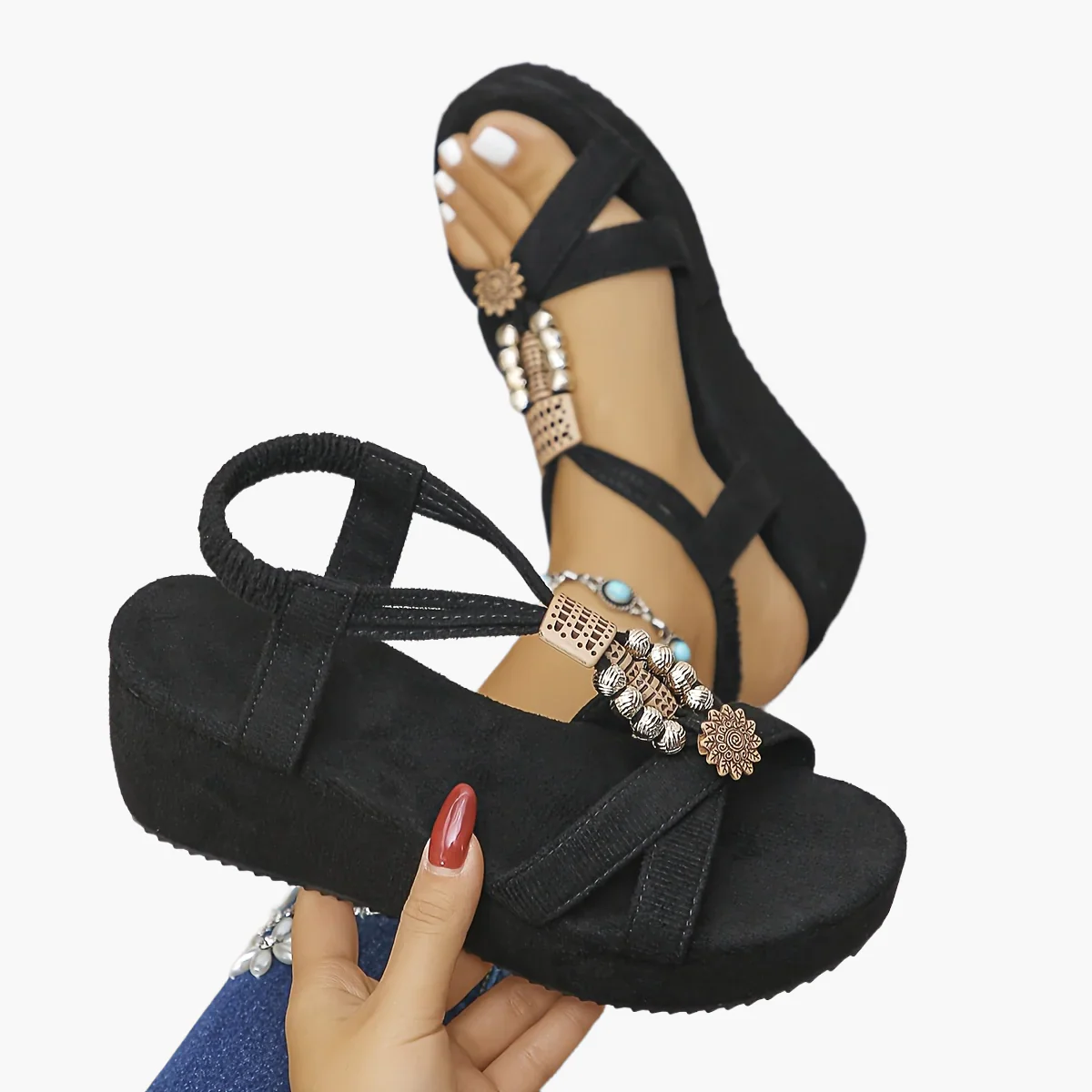 Damen Plateau-Sandalen im Boho-Stil mit Schmuckdetails – Vintage Sommer Schuhe für Alltag & Freizeit - Image 14