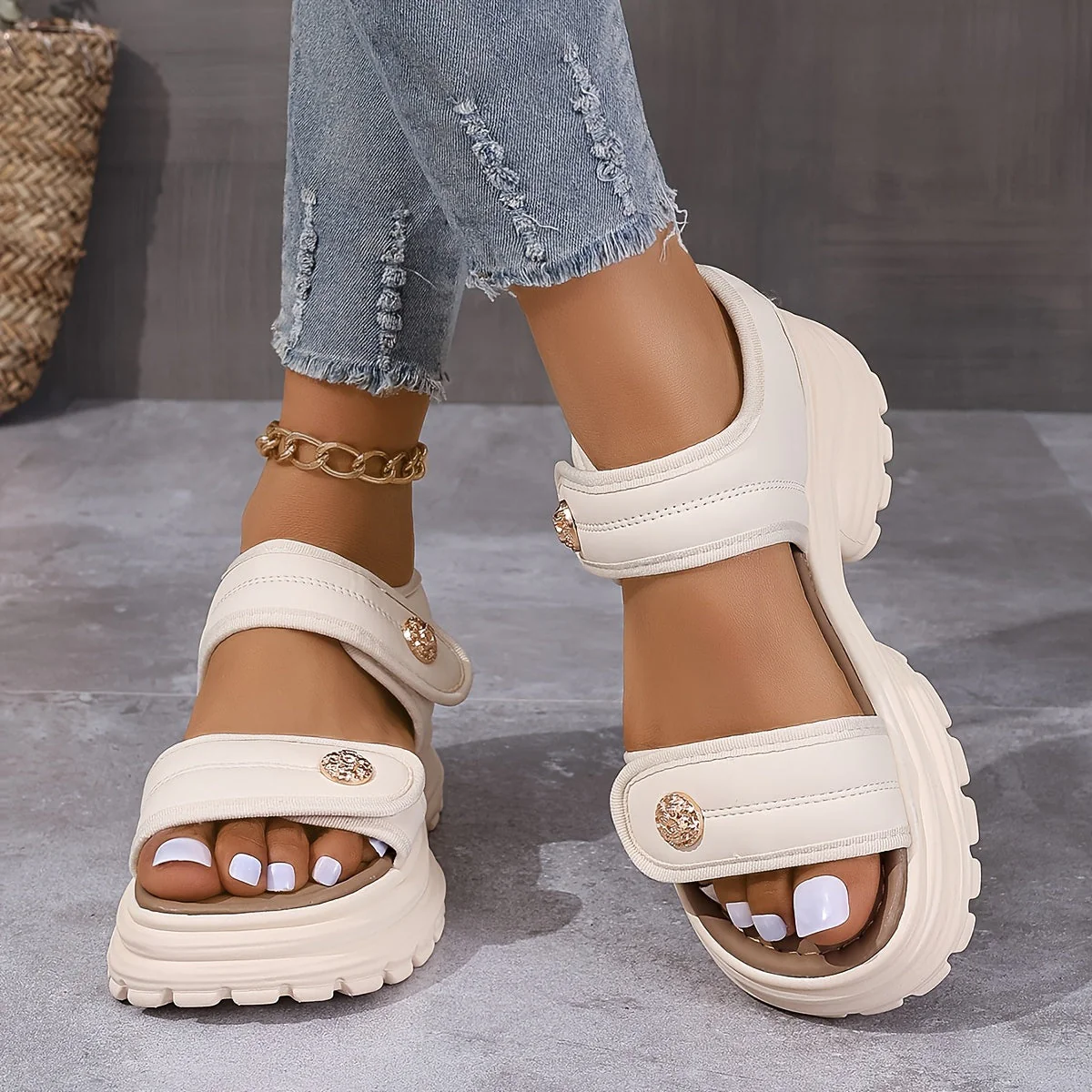 Damen Plateau-Sandalen mit Klettverschluss – Modische Outdoor-Sommerschuhe im eleganten Look