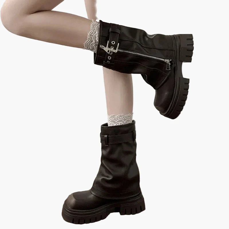Damen Plateau Stiefel mit Reißverschluss und Schnallen Trendiger Herbst Winter Look - Image 3