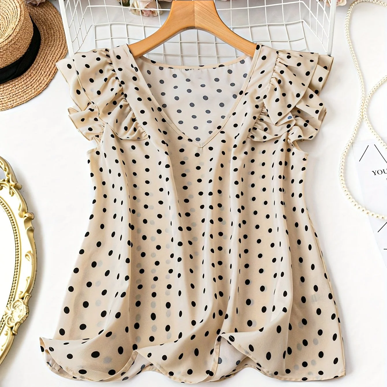 Damen Polka Dot Bluse mit V-Ausschnitt und Rüschenärmeln – Eleganter Alltags- und Büro-Look - Image 7
