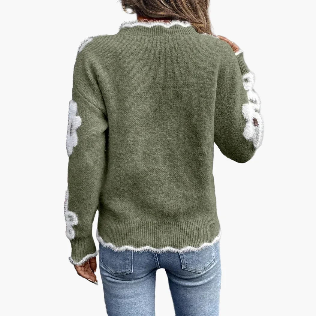 Damen Pullover mit Blumenmuster und V-Ausschnitt – Modischer Freizeit-Strickpullover für Alltag und Büro - Image 2