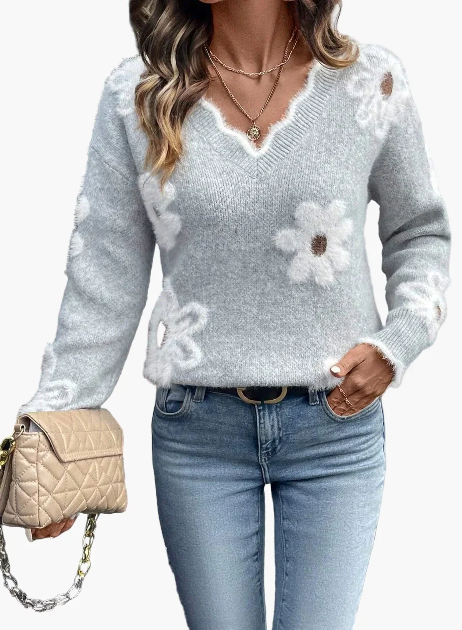 Damen Pullover mit Blumenmuster und V-Ausschnitt – Modischer Freizeit-Strickpullover für Alltag und Büro - Image 3