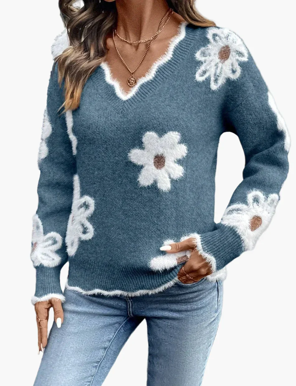Damen Pullover mit Blumenmuster und V-Ausschnitt – Modischer Freizeit-Strickpullover für Alltag und Büro - Image 4