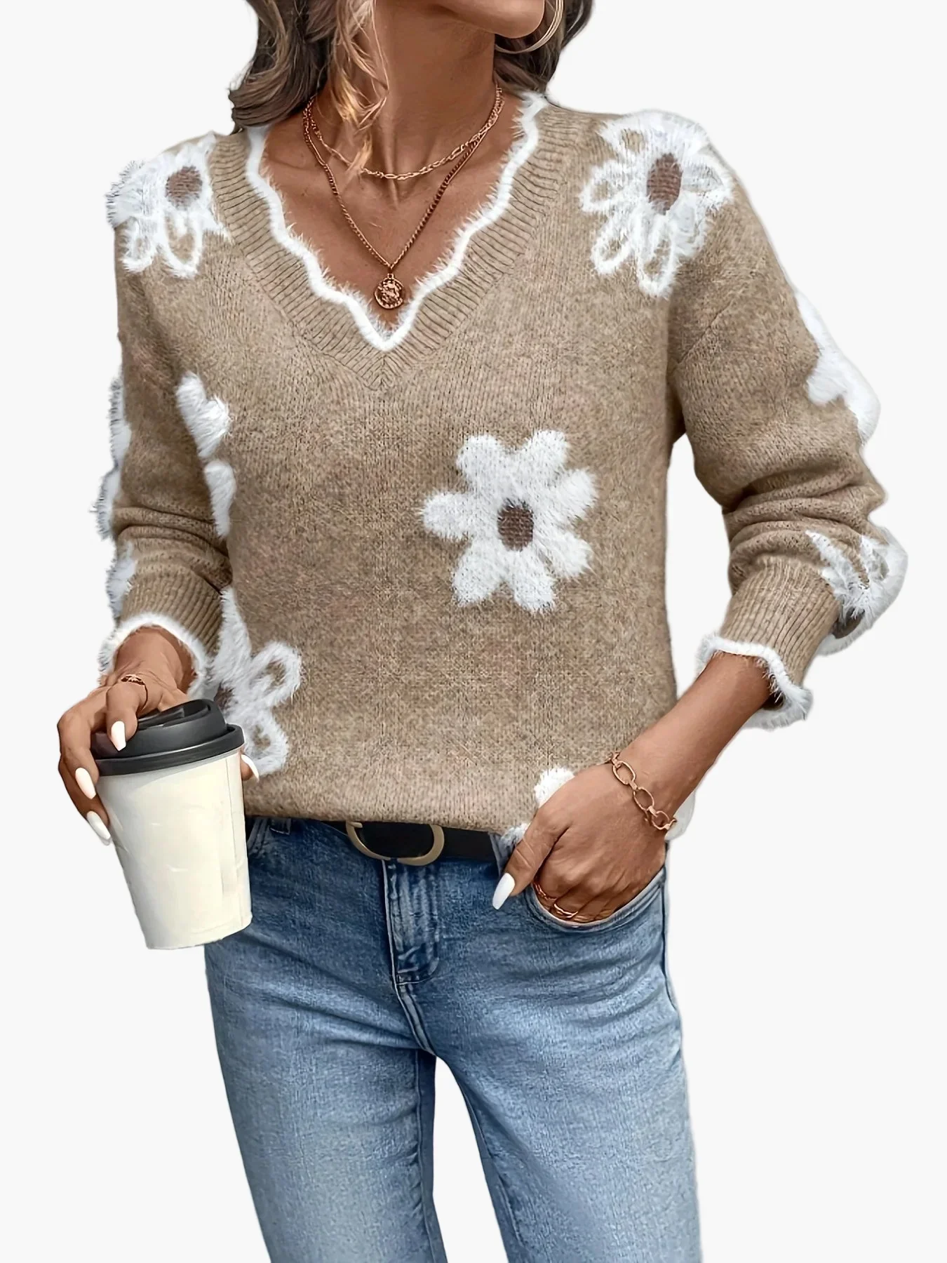 Damen Pullover mit Blumenmuster und V-Ausschnitt – Modischer Freizeit-Strickpullover für Alltag und Büro - Image 5