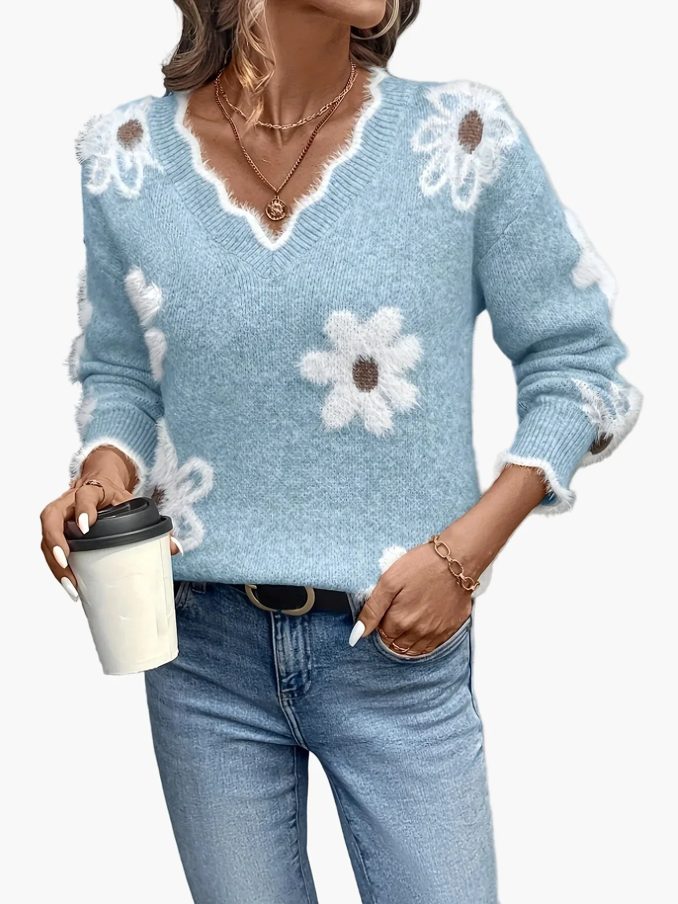 Damen Pullover mit Blumenmuster und V-Ausschnitt – Modischer Freizeit-Strickpullover für Alltag und Büro - Image 6