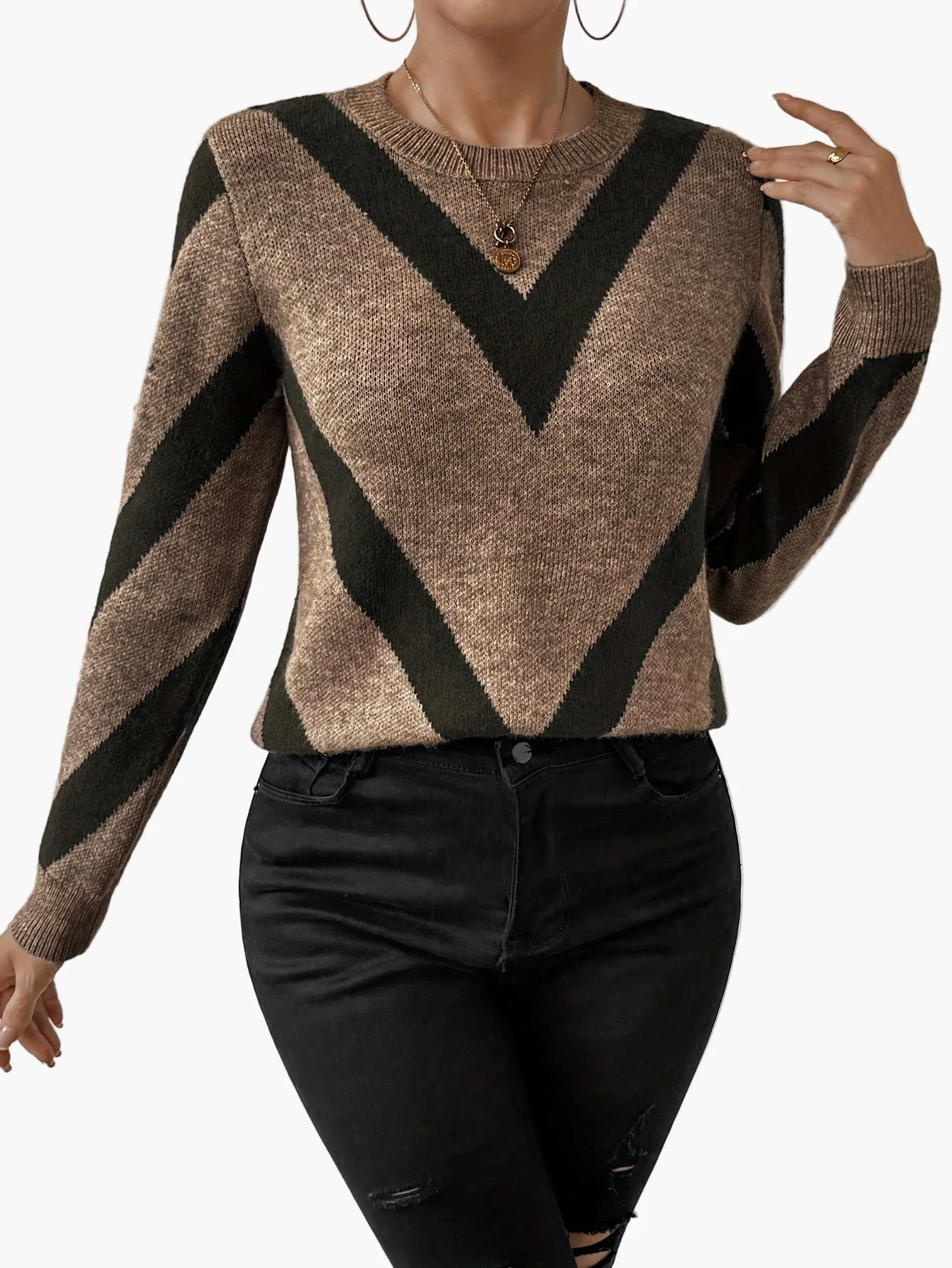 Damen Pullover mit geometrischem Muster, eleganter Strickpullover für Herbst und Winter - Image 4