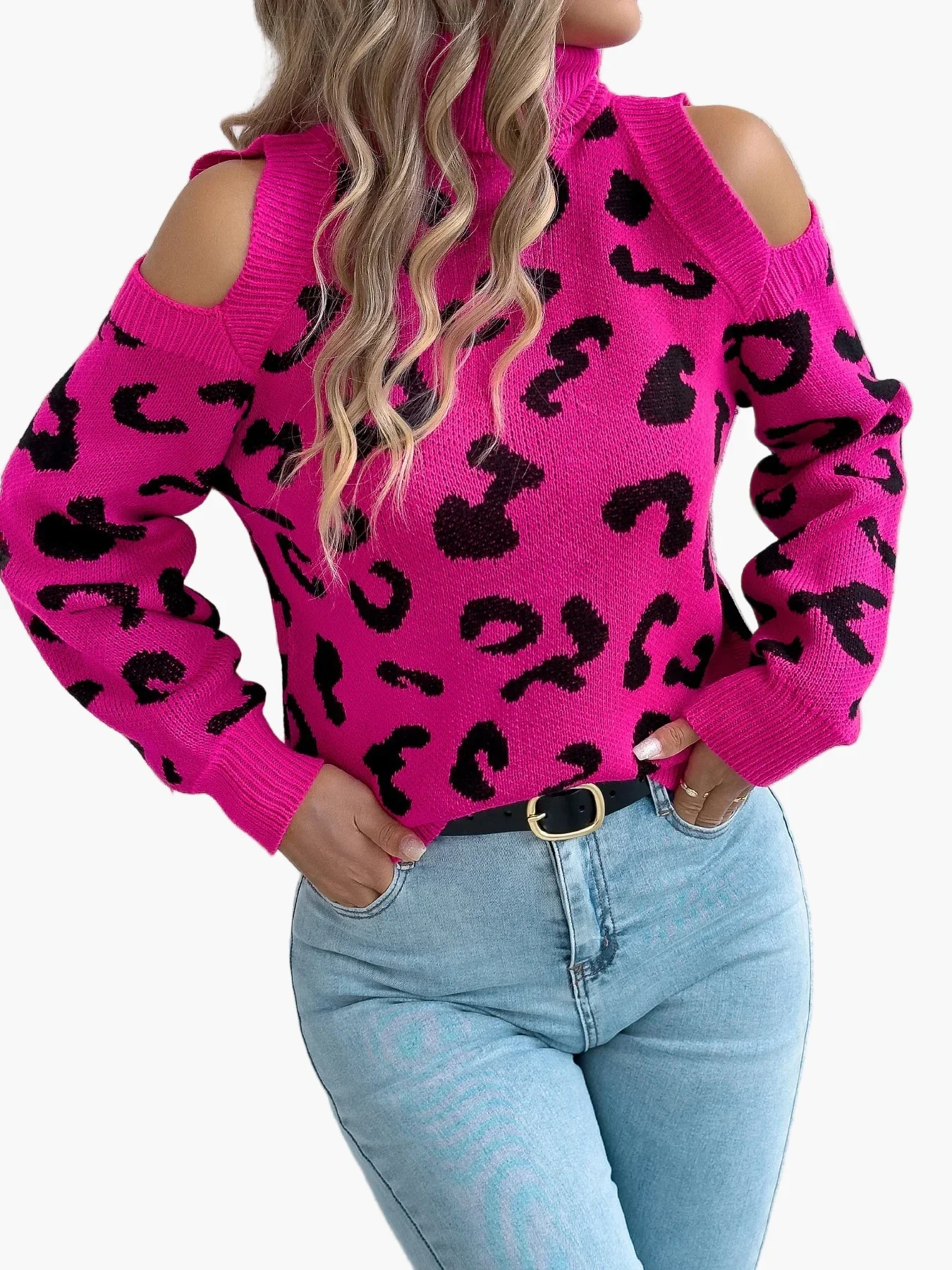 Damen Pullover mit Leopardenmuster und Cut-Out Schultern – Trendiger Freizeit-Strickpullover