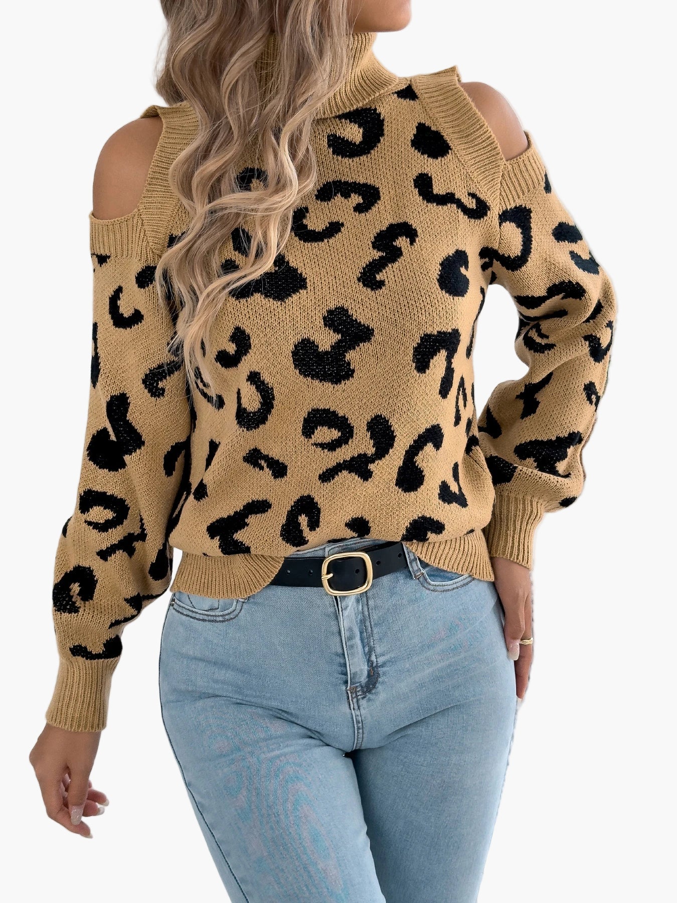 Damen Pullover mit Leopardenmuster und Cut-Out Schultern – Trendiger Freizeit-Strickpullover - Image 3