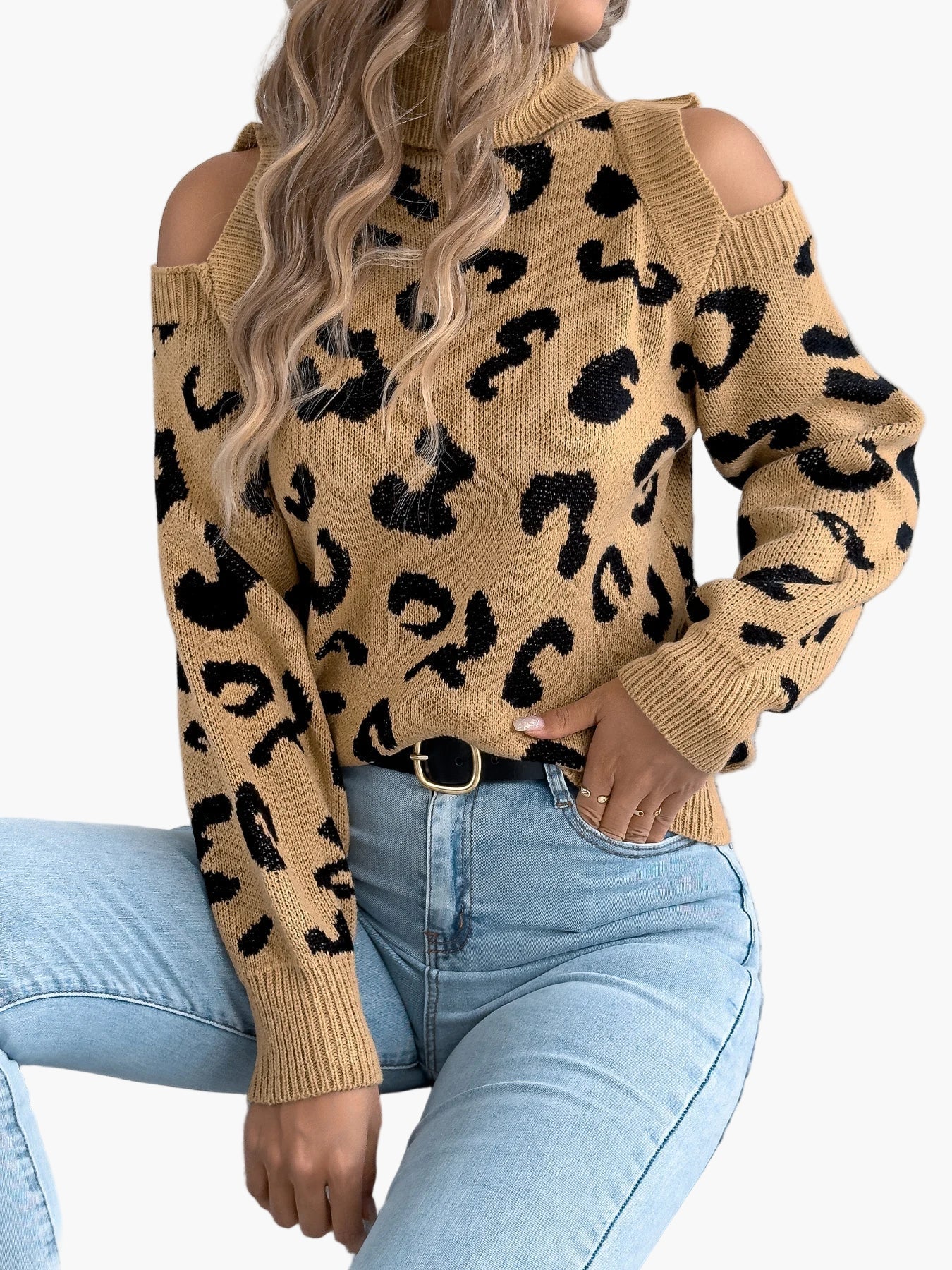 Damen Pullover mit Leopardenmuster und Cut-Out Schultern – Trendiger Freizeit-Strickpullover - Image 4