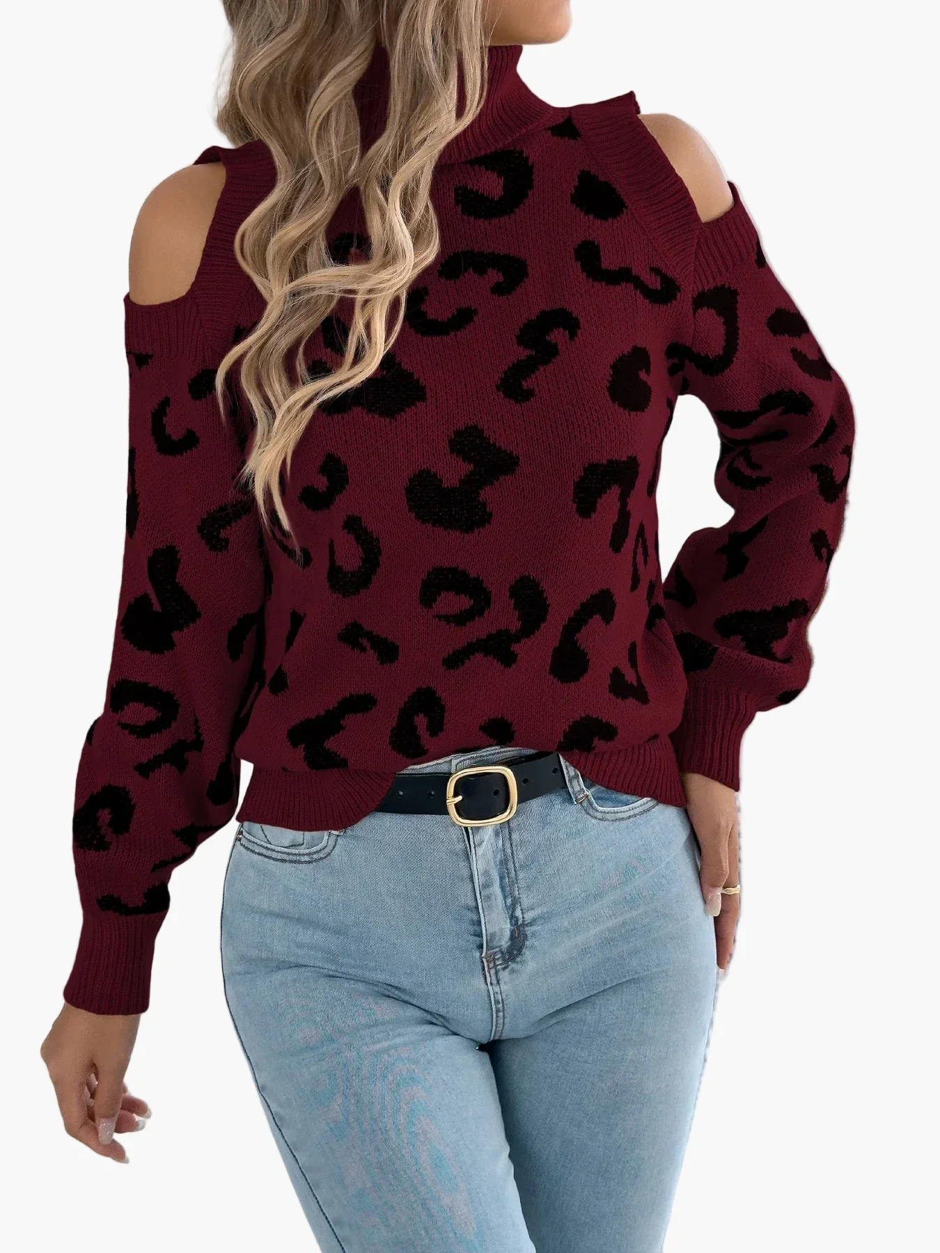 Damen Pullover mit Leopardenmuster und Cut-Out Schultern – Trendiger Freizeit-Strickpullover - Image 5