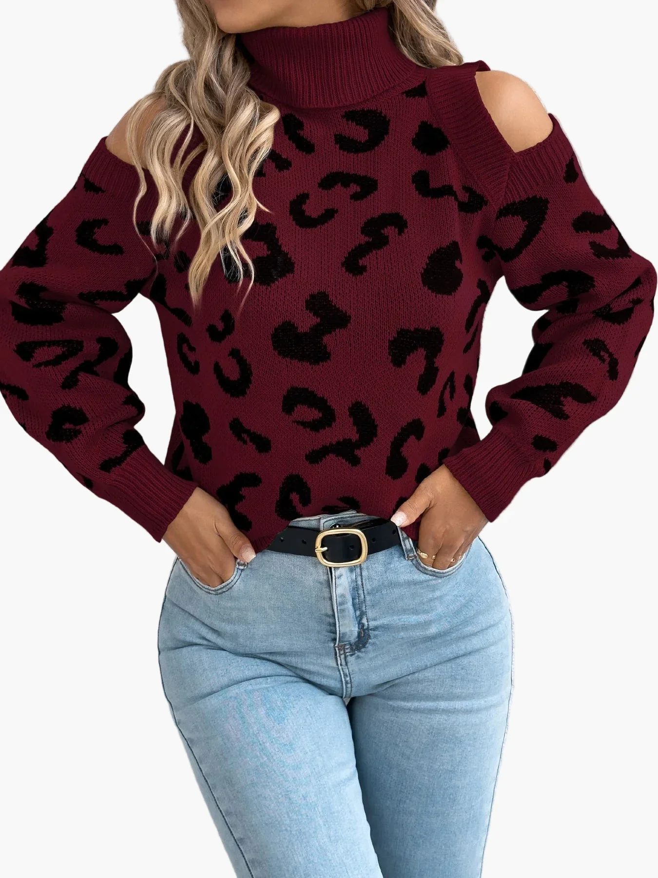 Damen Pullover mit Leopardenmuster und Cut-Out Schultern – Trendiger Freizeit-Strickpullover - Image 6