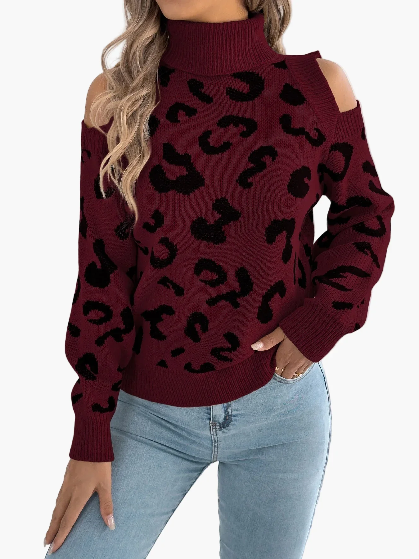 Damen Pullover mit Leopardenmuster und Cut-Out Schultern – Trendiger Freizeit-Strickpullover - Image 7