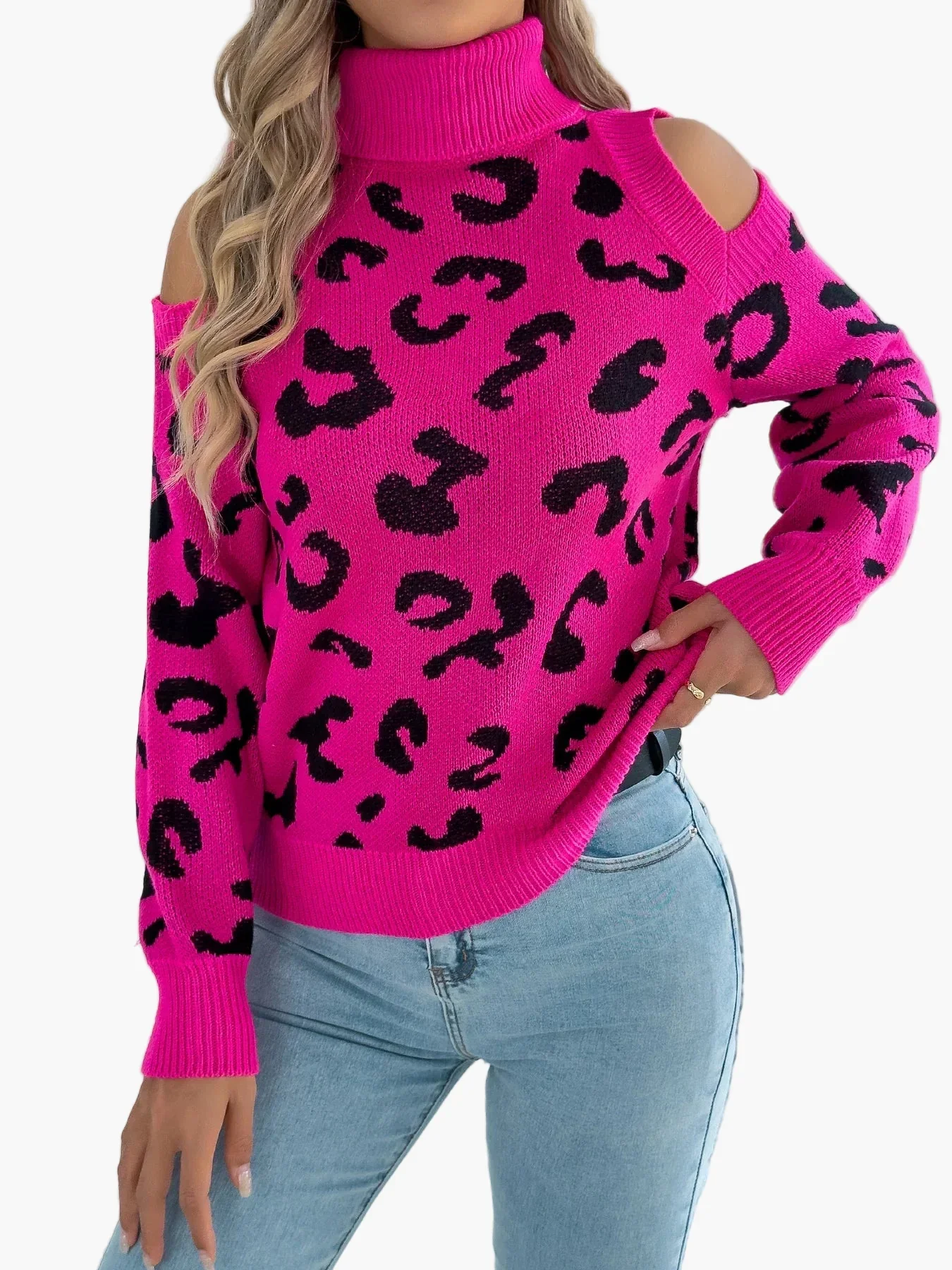 Damen Pullover mit Leopardenmuster und Cut-Out Schultern – Trendiger Freizeit-Strickpullover - Image 8