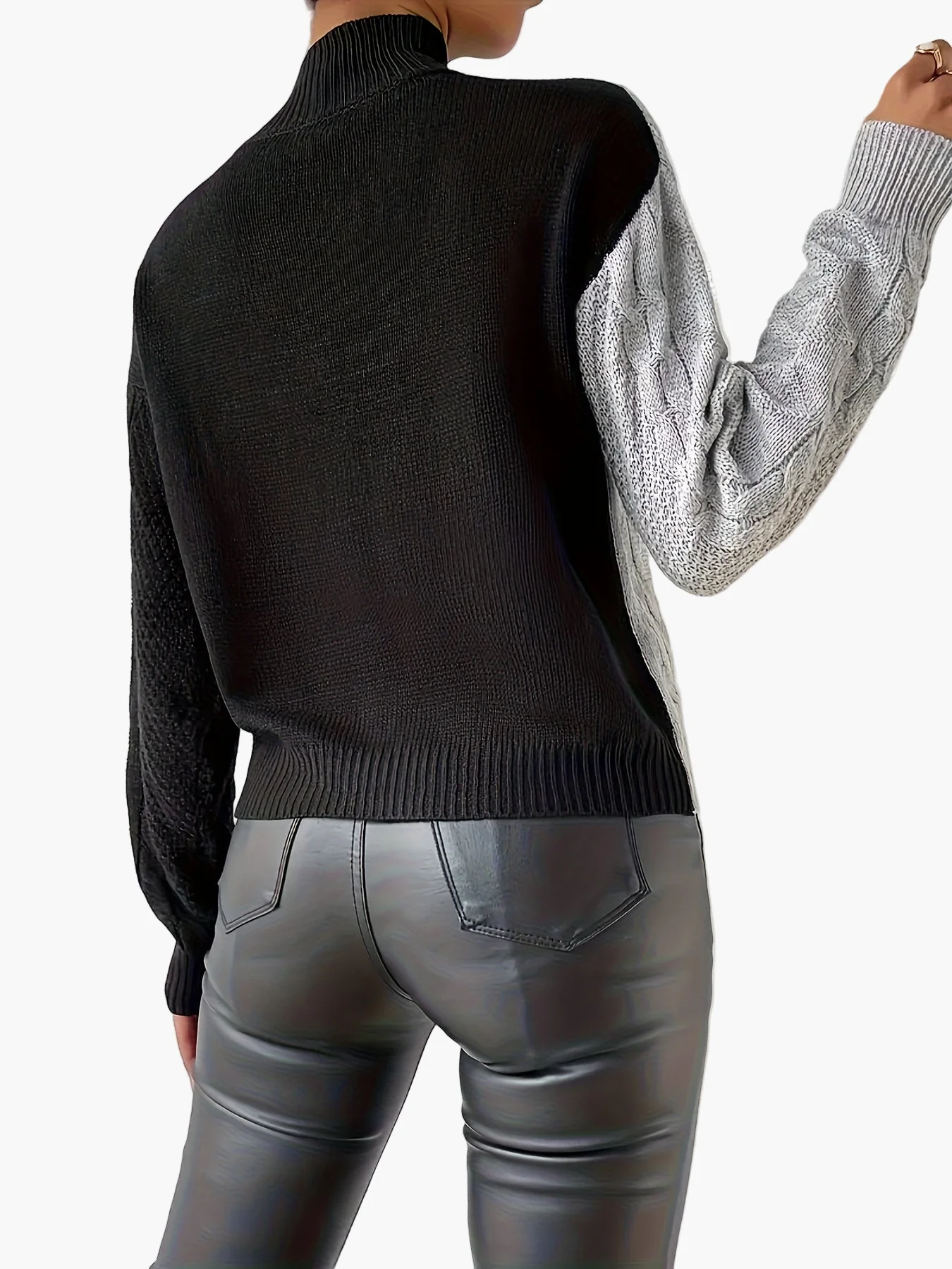 Damen Pullover im Patchwork-Design mit hohem Kragen – Eleganter Strickpullover für Alltag und Büro - Image 2
