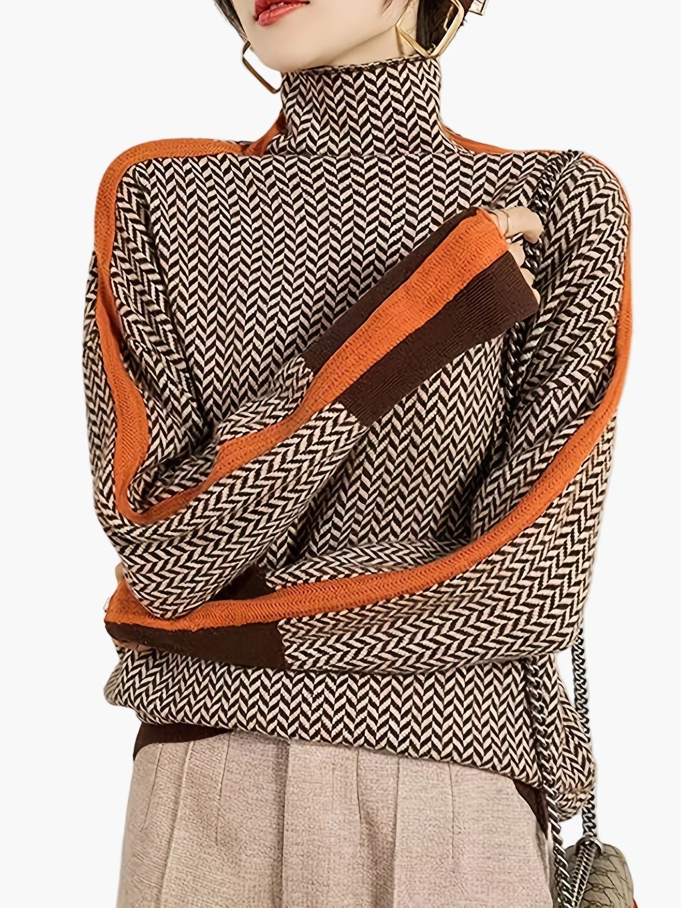 Damen Pullover mit Stehkragen und modernem Zickzackmuster – Eleganter Strickpulli für Herbst & Winter - Image 2