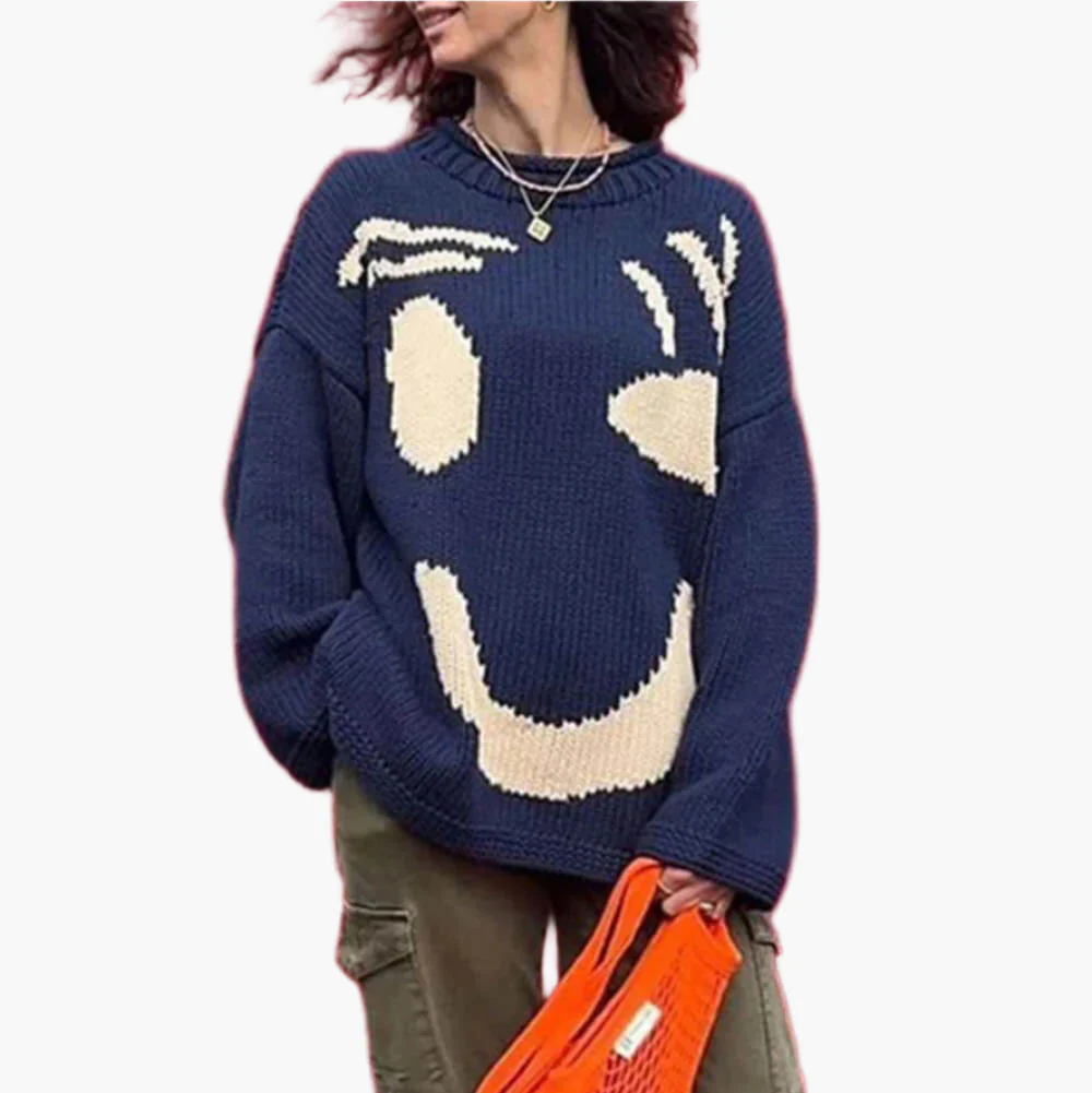 Damen Pullover mit verspieltem Gesichtsmotiv – Strickpullover im künstlerischen Stil für Freizeit & Alltag - Image 4
