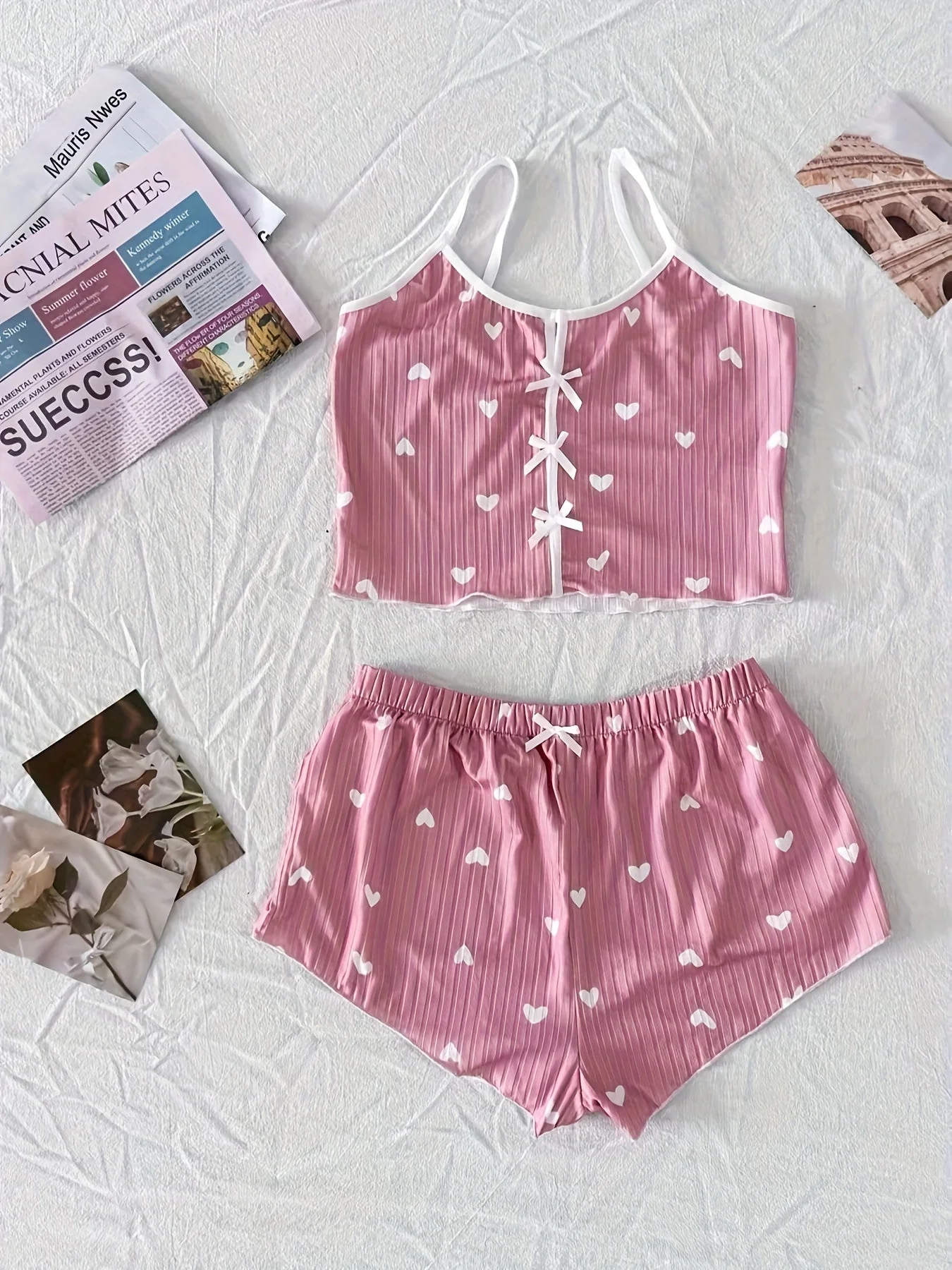 Damen Pyjama Set mit Herzchen-Muster, zweiteilig, für Sommer, sexy Stil, Schlafanzug