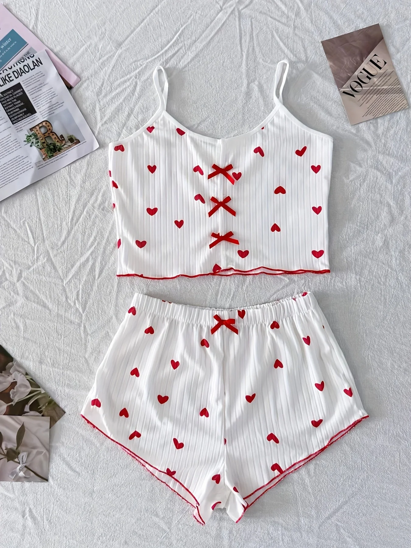 Damen Pyjama Set mit Herzchen-Muster, zweiteilig, für Sommer, sexy Stil, Schlafanzug - Image 2