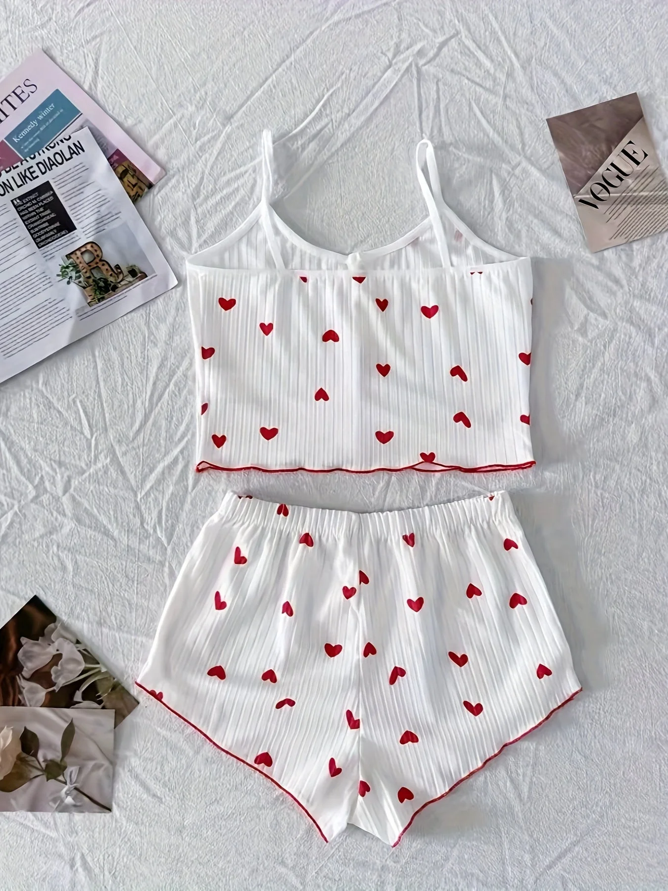 Damen Pyjama Set mit Herzchen-Muster, zweiteilig, für Sommer, sexy Stil, Schlafanzug - Image 3