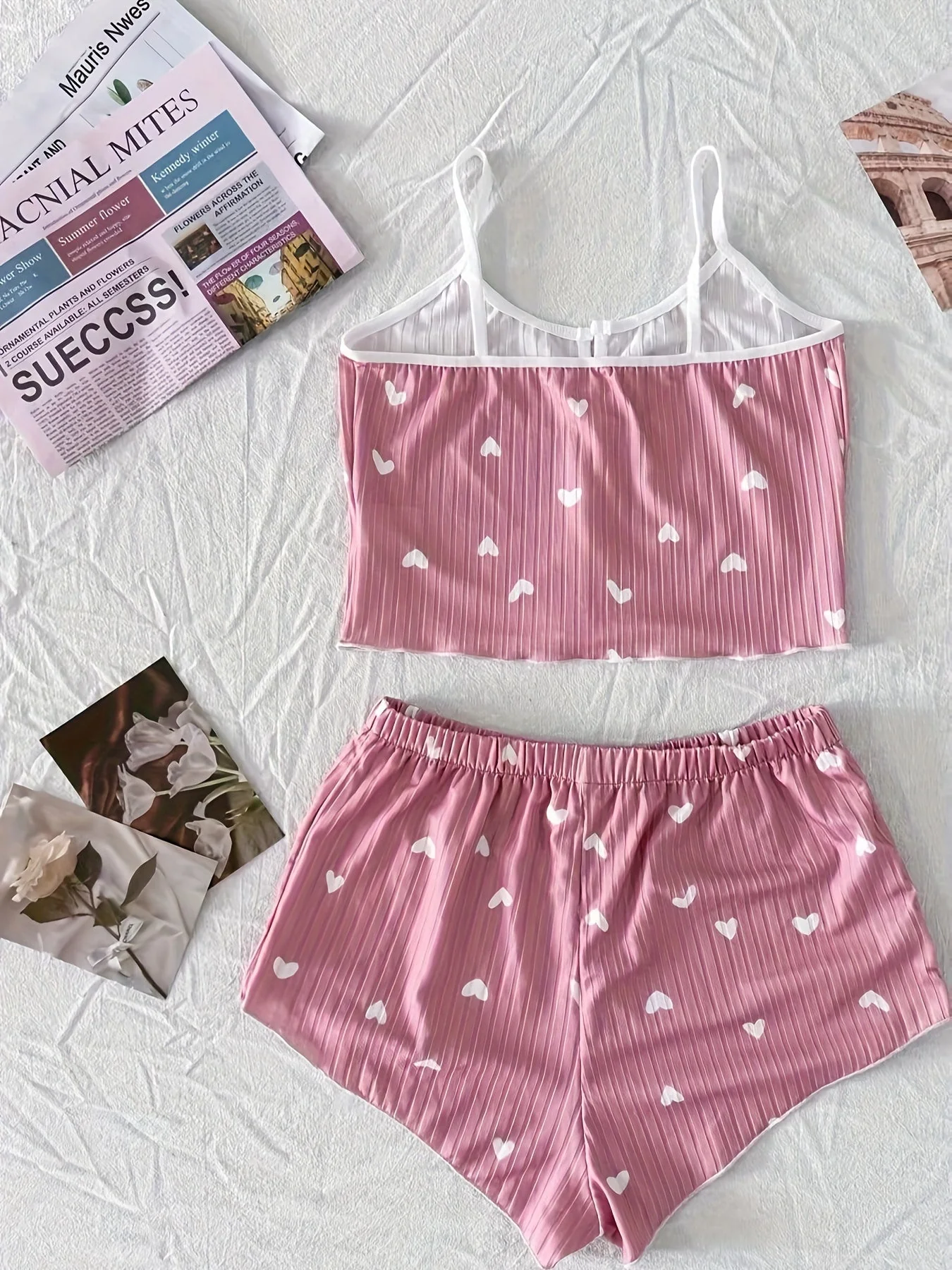 Damen Pyjama Set mit Herzchen-Muster, zweiteilig, für Sommer, sexy Stil, Schlafanzug - Image 4