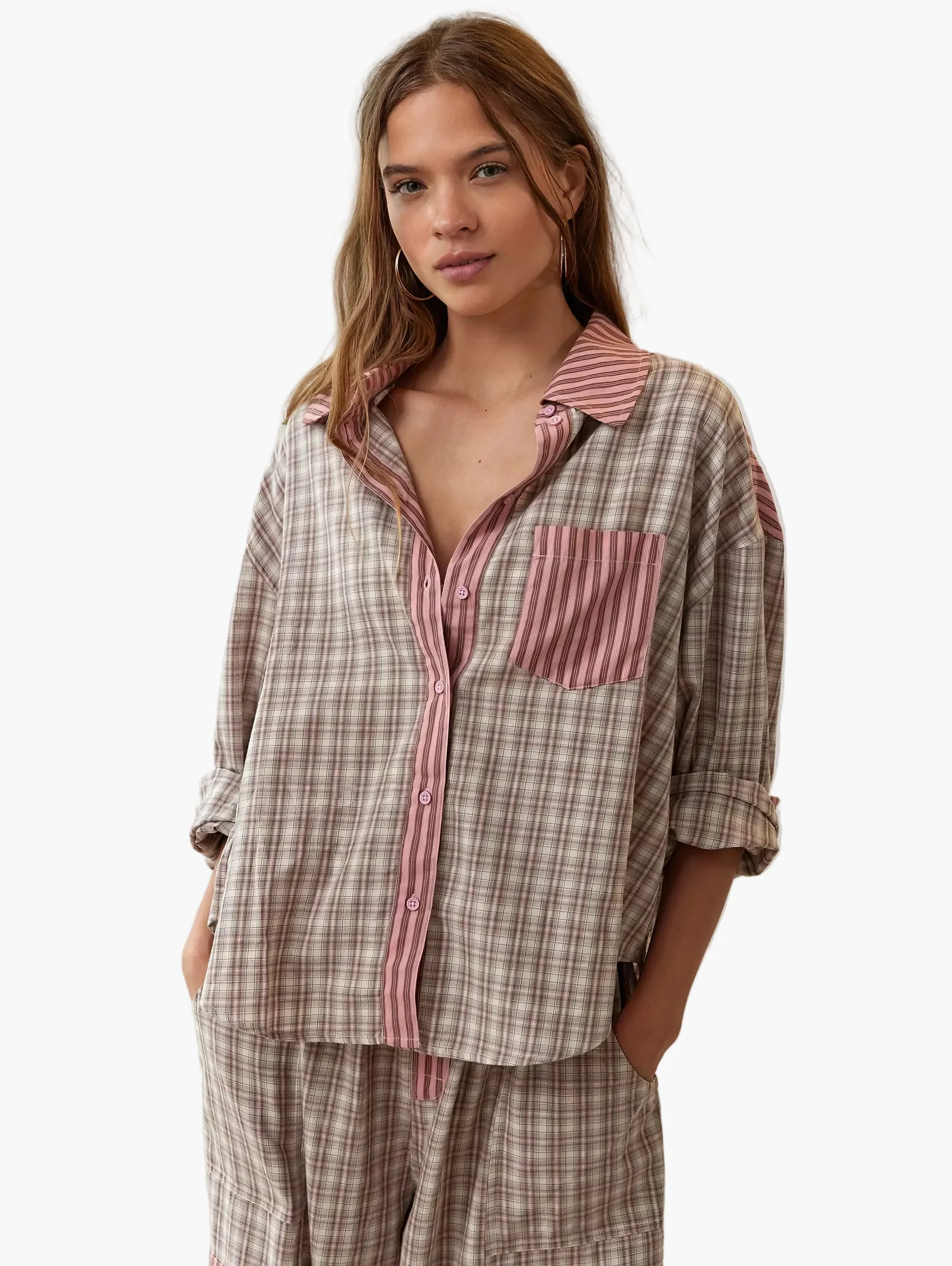 Damen Pyjama-Set im Oversize-Look – Modernes Streifen-Karo Design, Homewear & Loungewear - Image 2