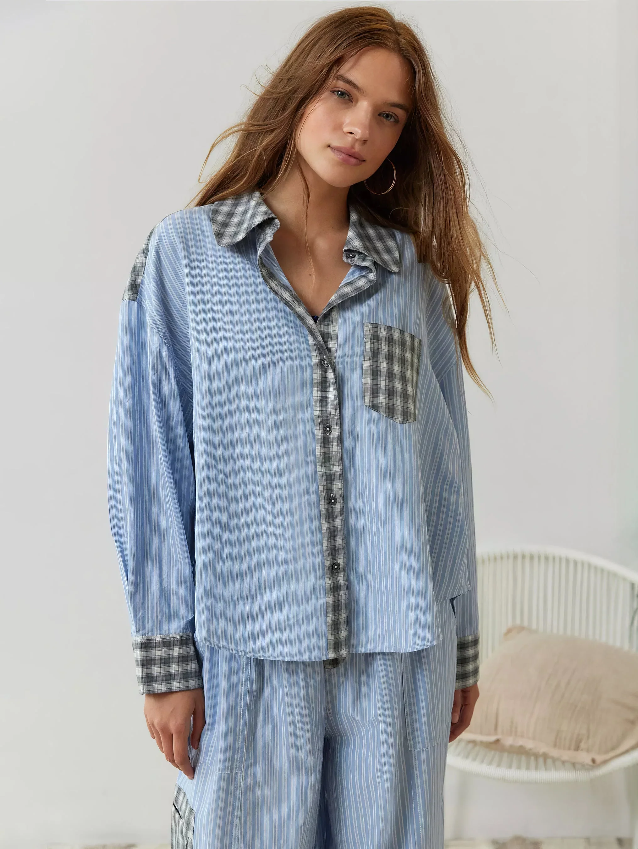 Damen Pyjama-Set im Oversize-Look – Modernes Streifen-Karo Design, Homewear & Loungewear - Image 3