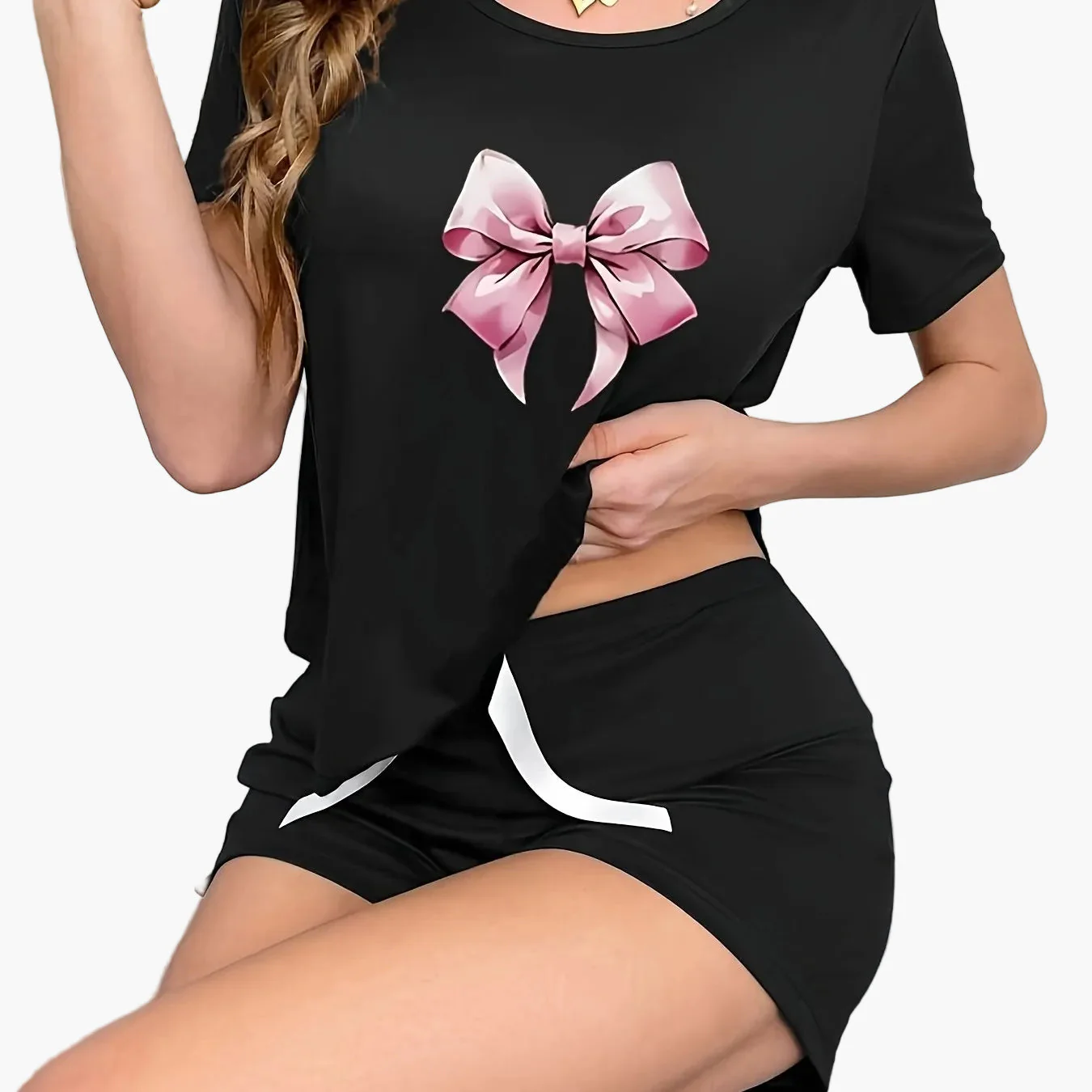 Damen Pyjama-Set mit Schleifen-Print, Kurzarm, Sommer, Loungewear, Casual Style - Image 11