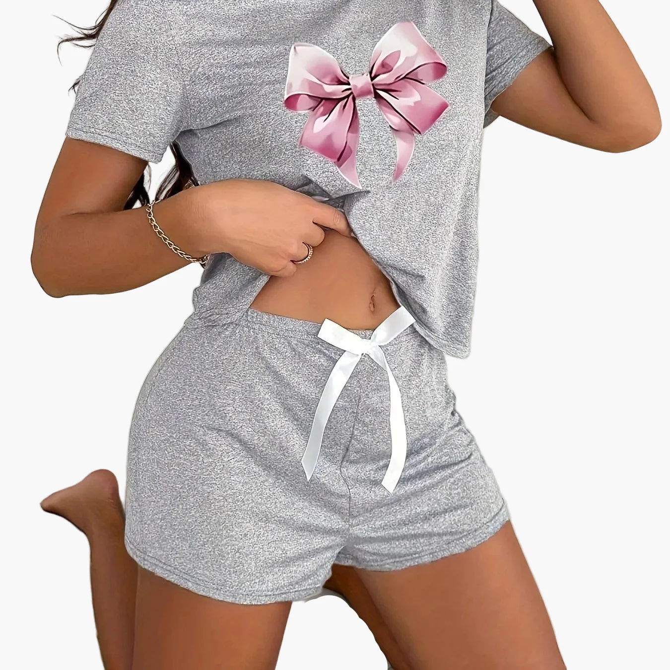 Damen Pyjama-Set mit Schleifen-Print, Kurzarm, Sommer, Loungewear, Casual Style - Image 12