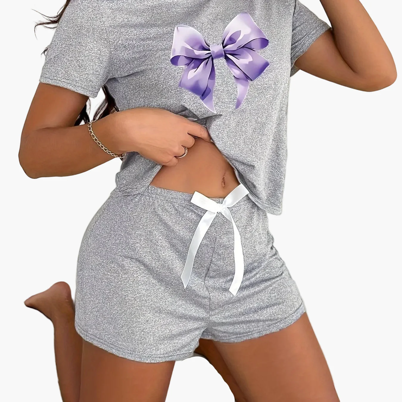Damen Pyjama-Set mit Schleifen-Print, Kurzarm, Sommer, Loungewear, Casual Style - Image 14