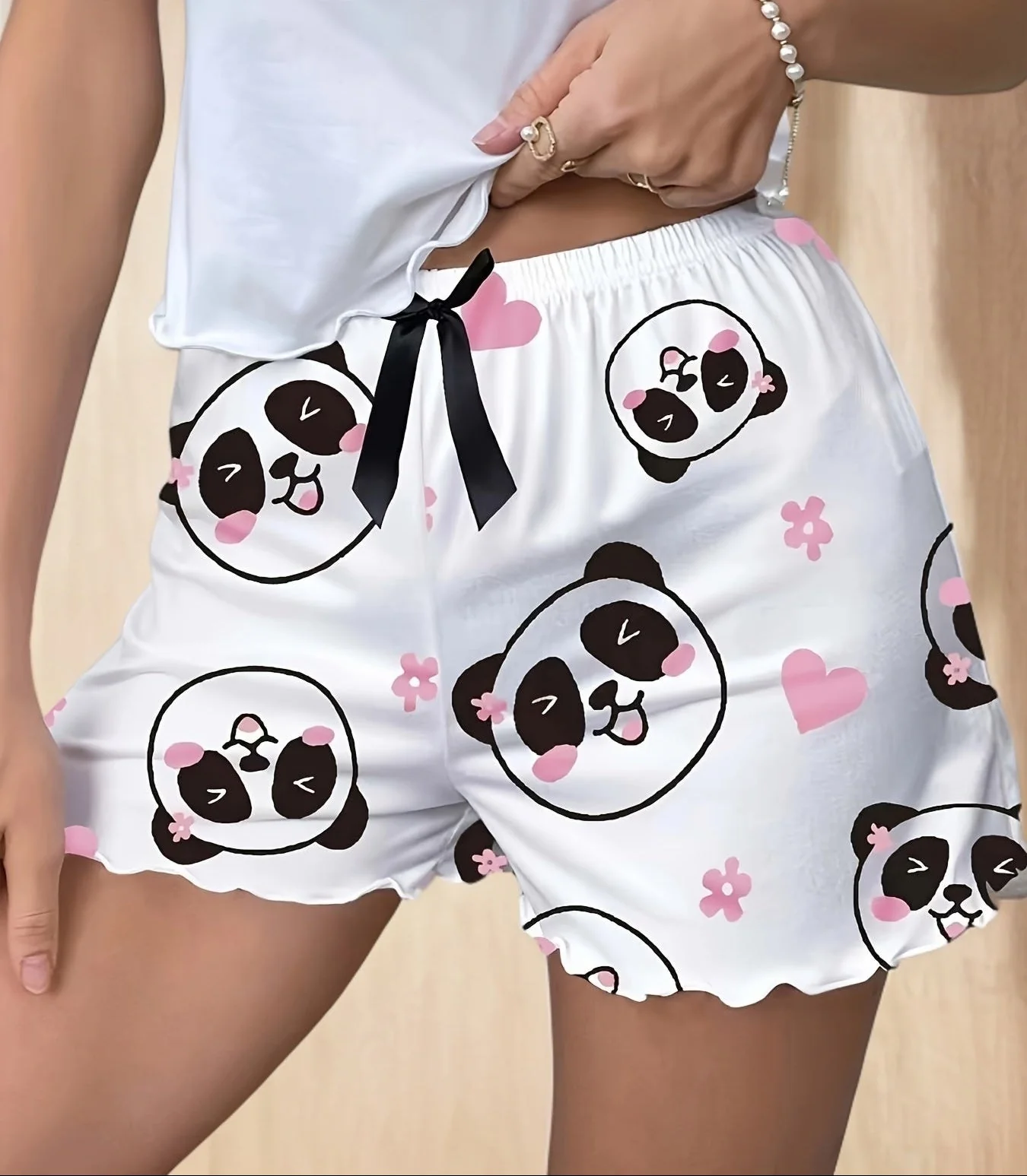 Damen Pyjama-Shorts mit Panda-Print und Schleife – Süße Schlafhose für Frühling & Sommer, Casual Style