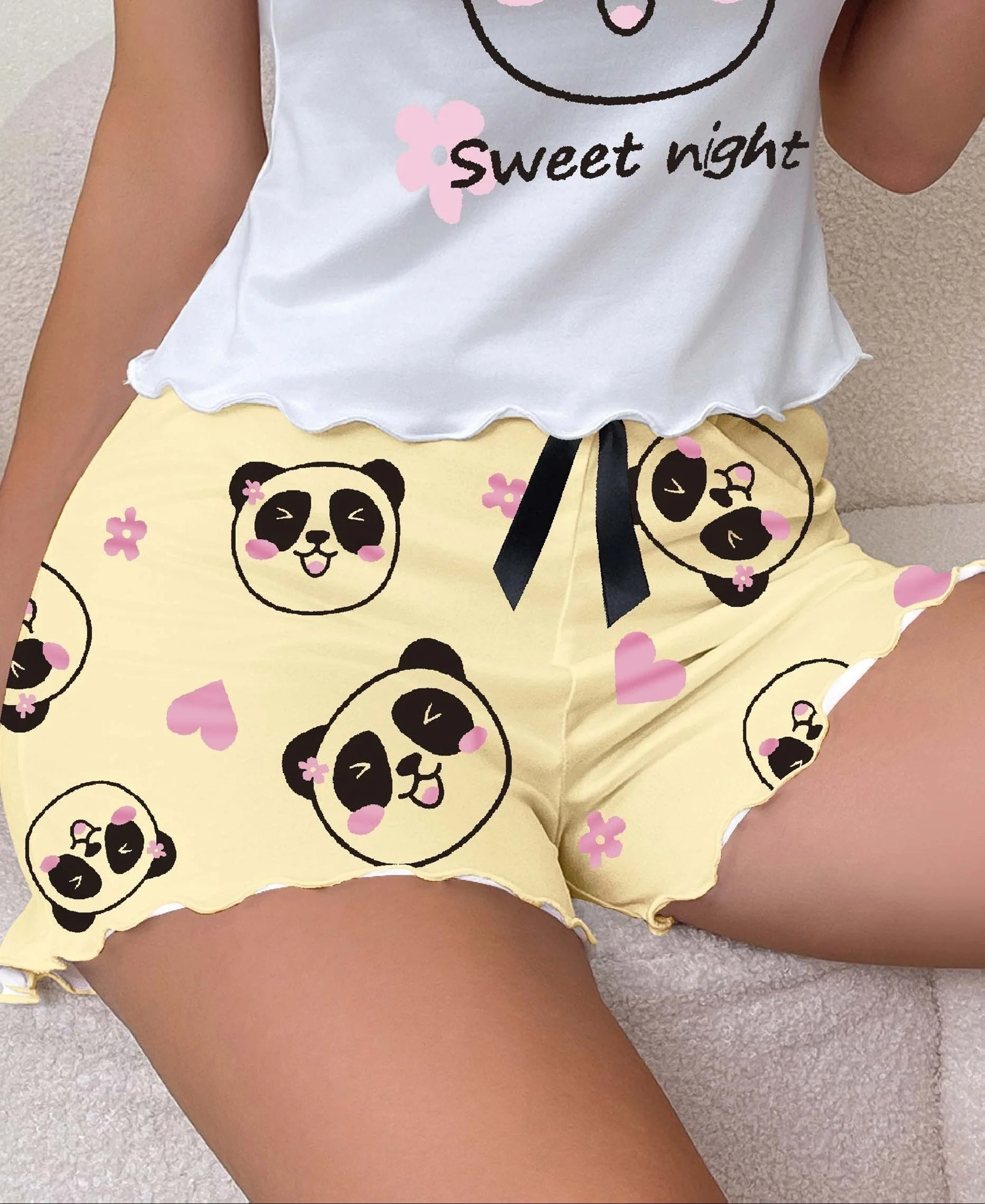 Damen Pyjama-Shorts mit Panda-Print und Schleife – Süße Schlafhose für Frühling & Sommer, Casual Style - Image 4
