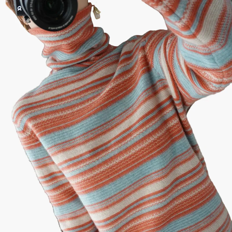 Damen Rollkragenpullover mit Streifen – Modischer Freizeitpullover für Herbst und Winter