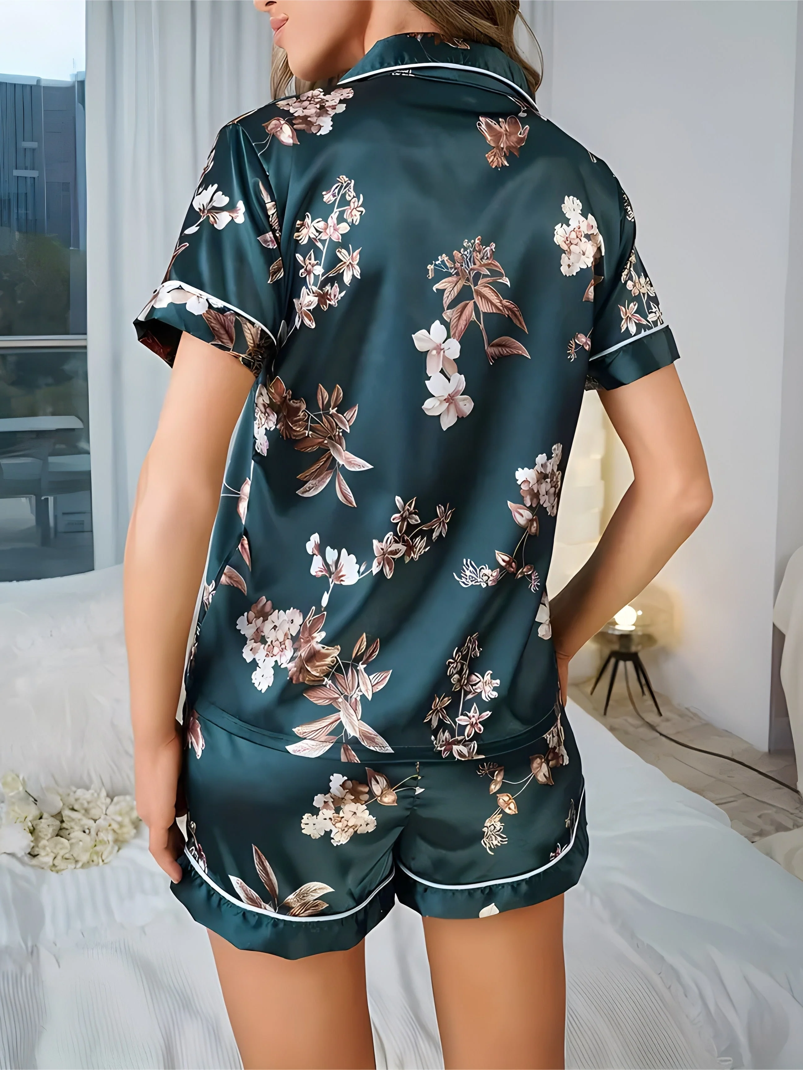 Damen Satin-Pyjama-Set mit Blumenmuster – Elegante Sommer Nachtwäsche im zweiteiligen Stil - Image 3