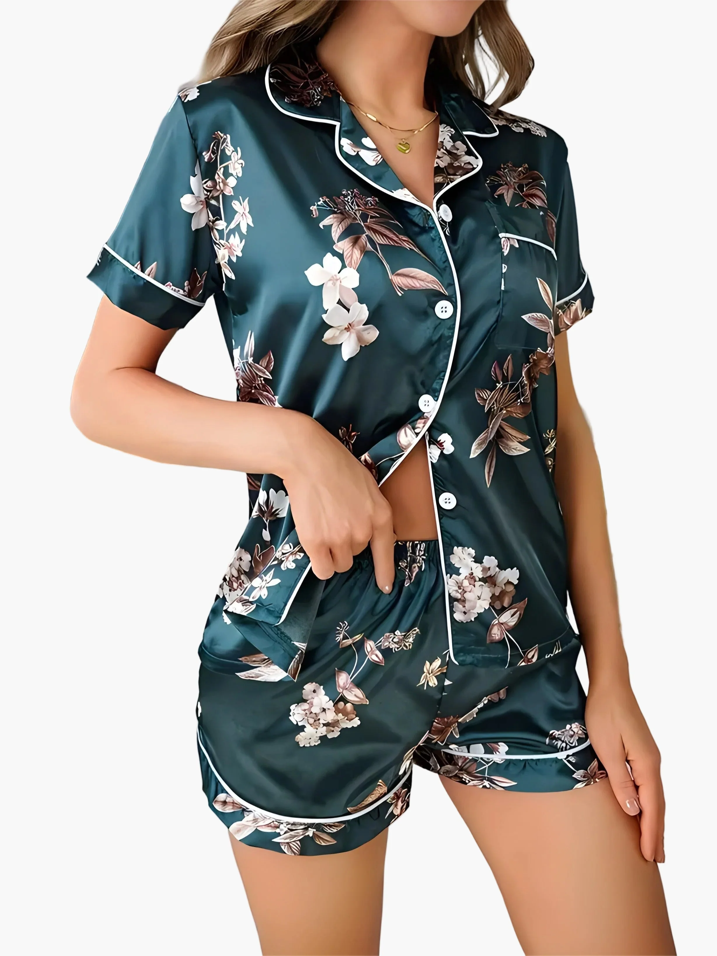 Damen Satin-Pyjama-Set mit Blumenmuster – Elegante Sommer Nachtwäsche im zweiteiligen Stil - Image 6