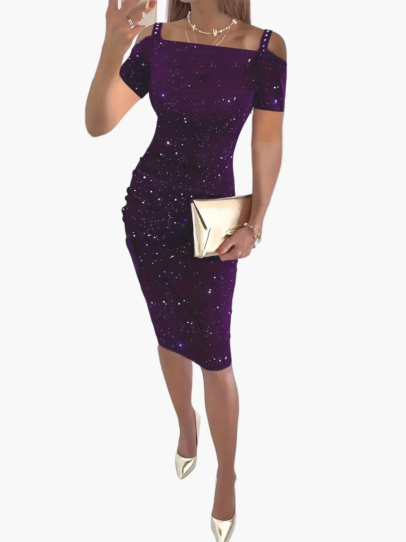 Damen Schulterfreies Midikleid mit Sternenmuster – Elegantes Party- und Abendkleid - Image 2