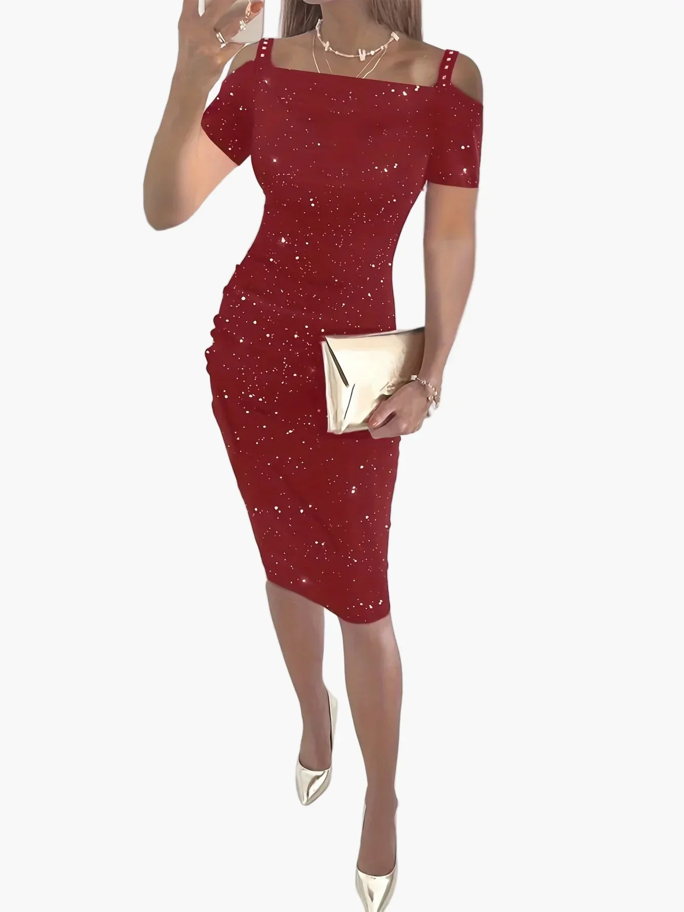 Damen Schulterfreies Midikleid mit Sternenmuster – Elegantes Party- und Abendkleid - Image 4