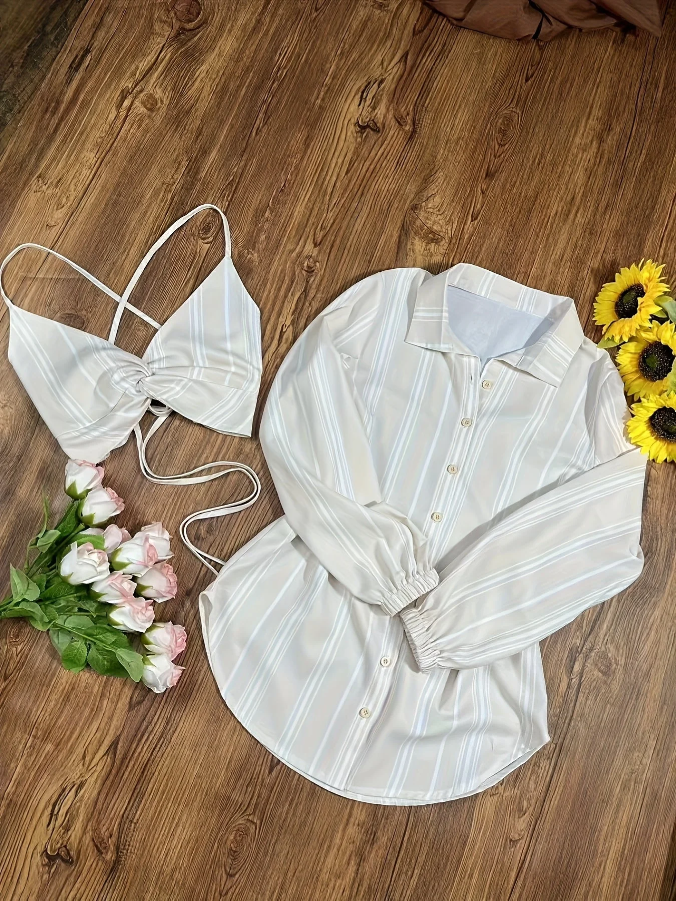 Damen Set – Modisches Streifen Crop Top mit Wickeldetail, Hemd und Jeansrock – Perfekt für Sommer & Freizeit - Image 5