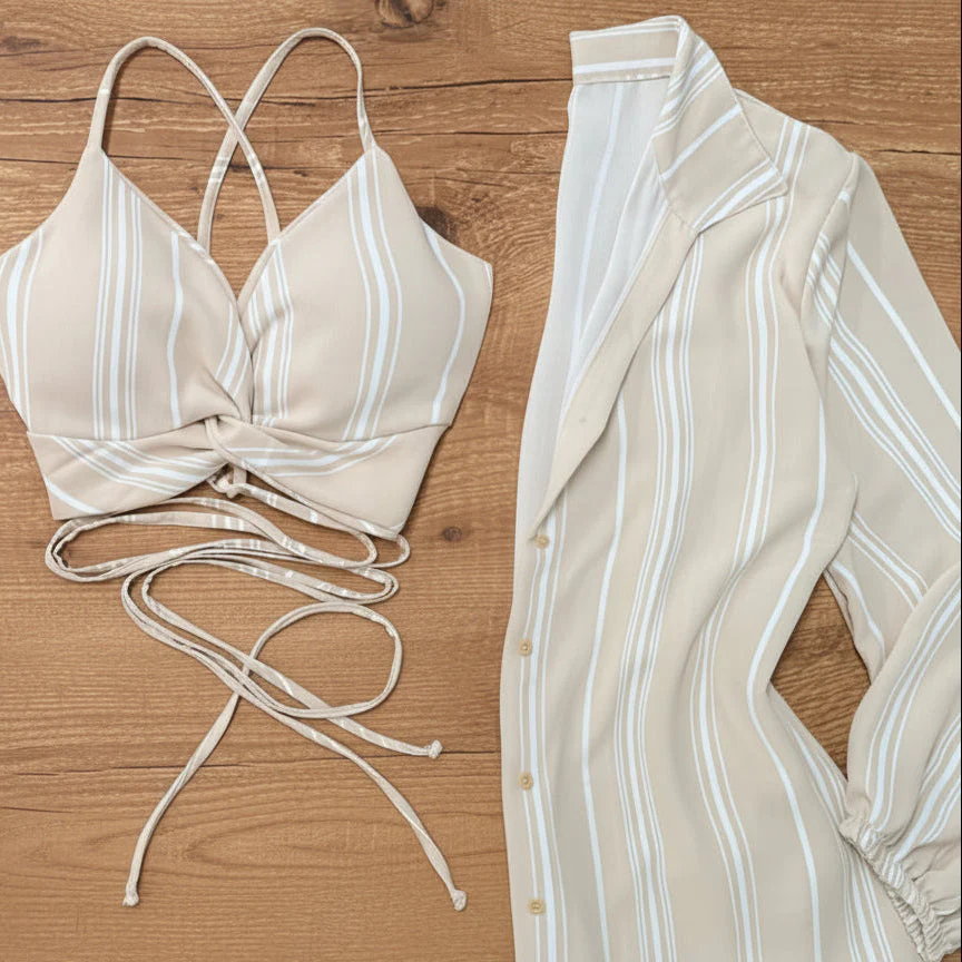 Damen Set – Modisches Streifen Crop Top mit Wickeldetail, Hemd und Jeansrock – Perfekt für Sommer & Freizeit - Image 6