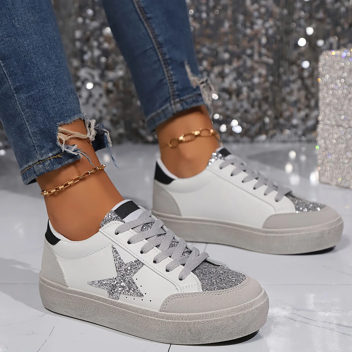 Damen Sneaker im Casual Stil mit Glitzerstern – Modische Freizeitschuhe für Alltag und Streetwear - Image 3