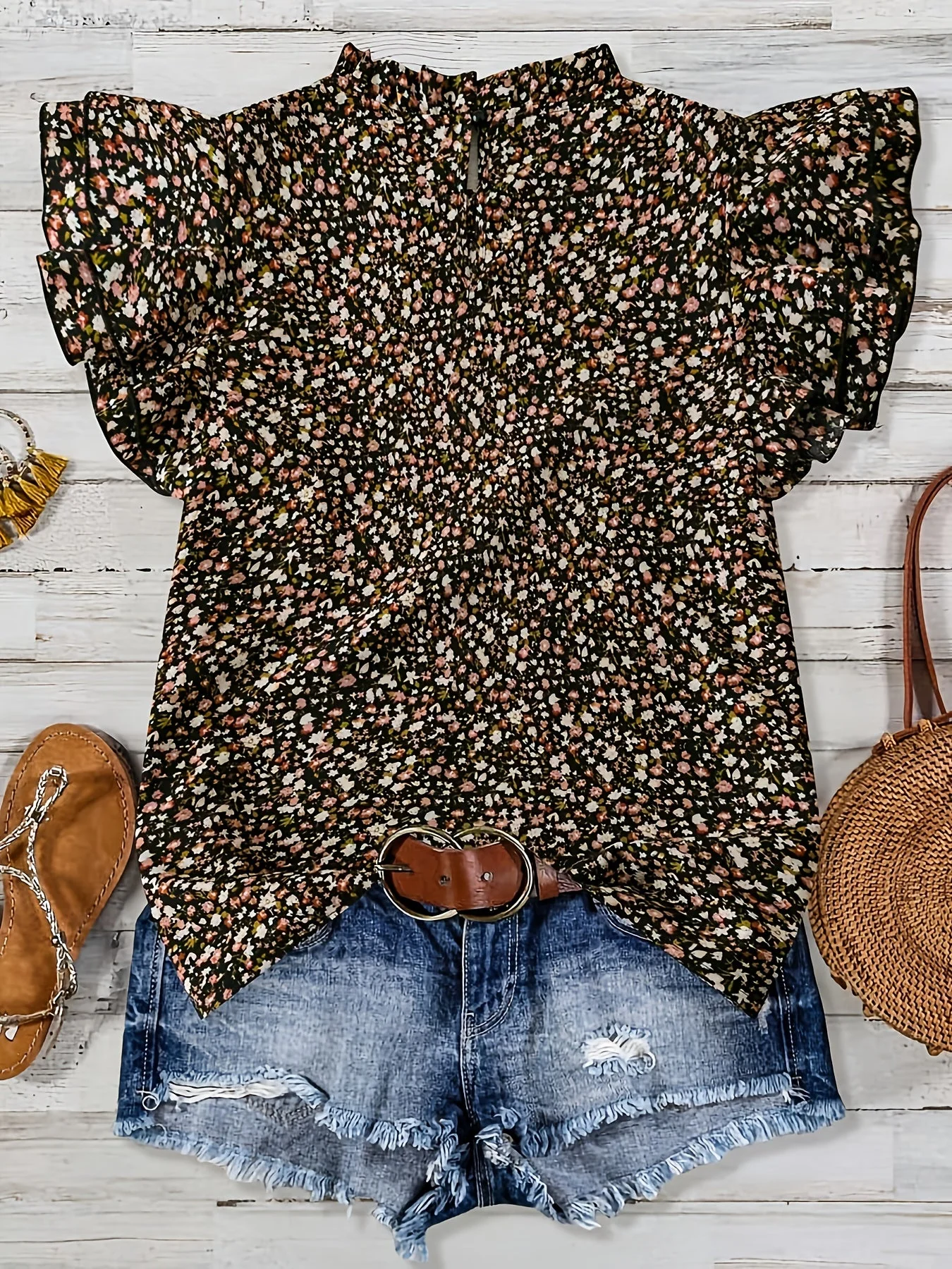 Damen Sommer-Blusenshirt mit Blumenmuster und Rüschenärmeln – Lässige Eleganz für Alltag und Urlaub - Image 2