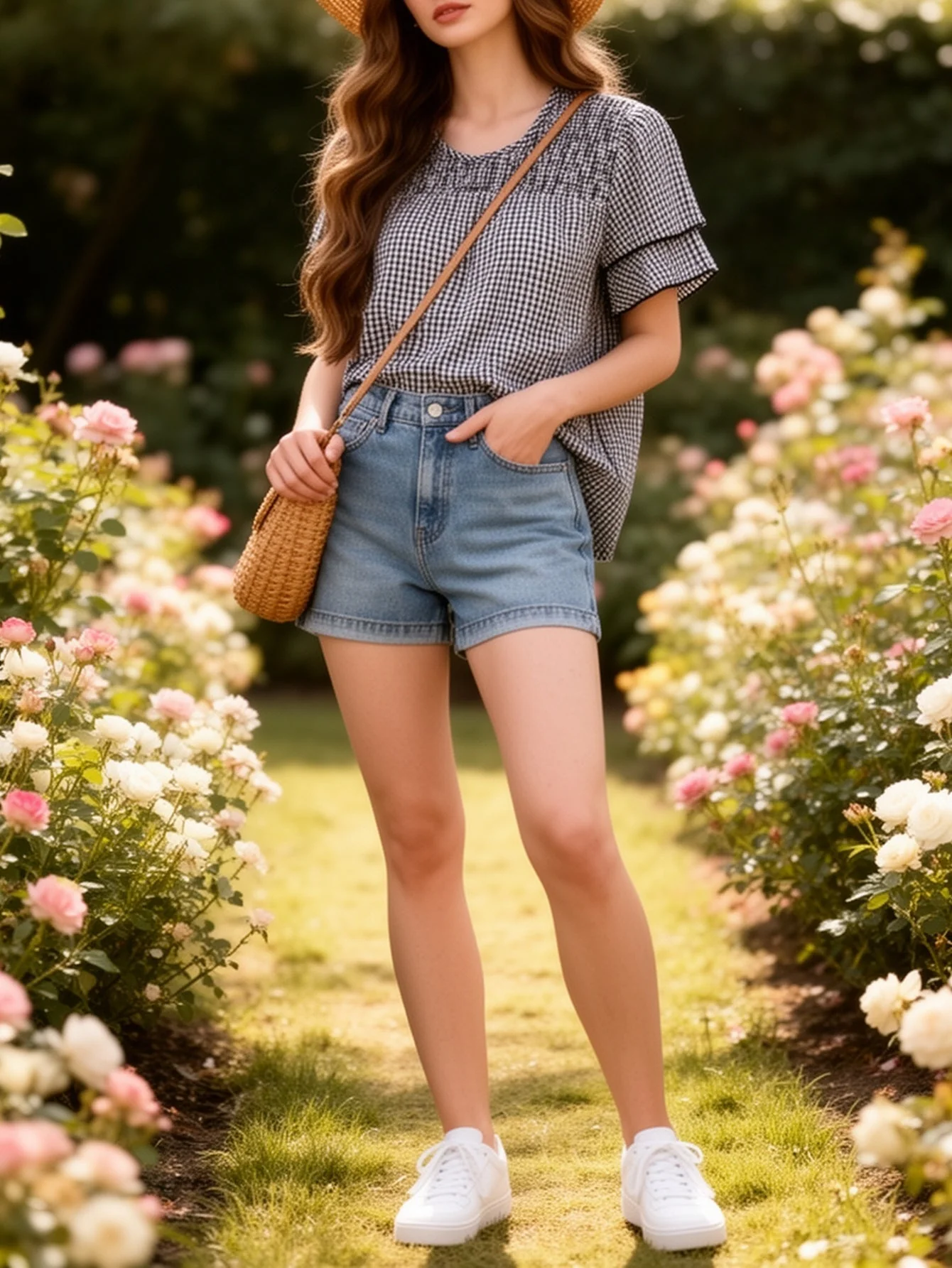 Damen Sommer Freizeit Outfit – Kariertes Oberteil mit Jeansshorts und Sneakern – Perfekt für Garten & Alltag