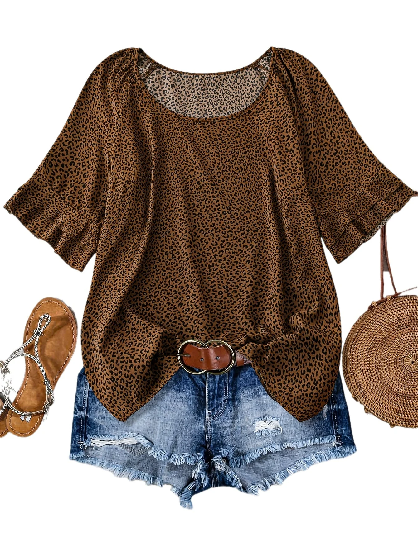 Damen Sommer Freizeitset mit Leopardenmuster – Lässiges Oberteil, Jeansshorts und Accessoires, ideal für Urlaub und Alltag