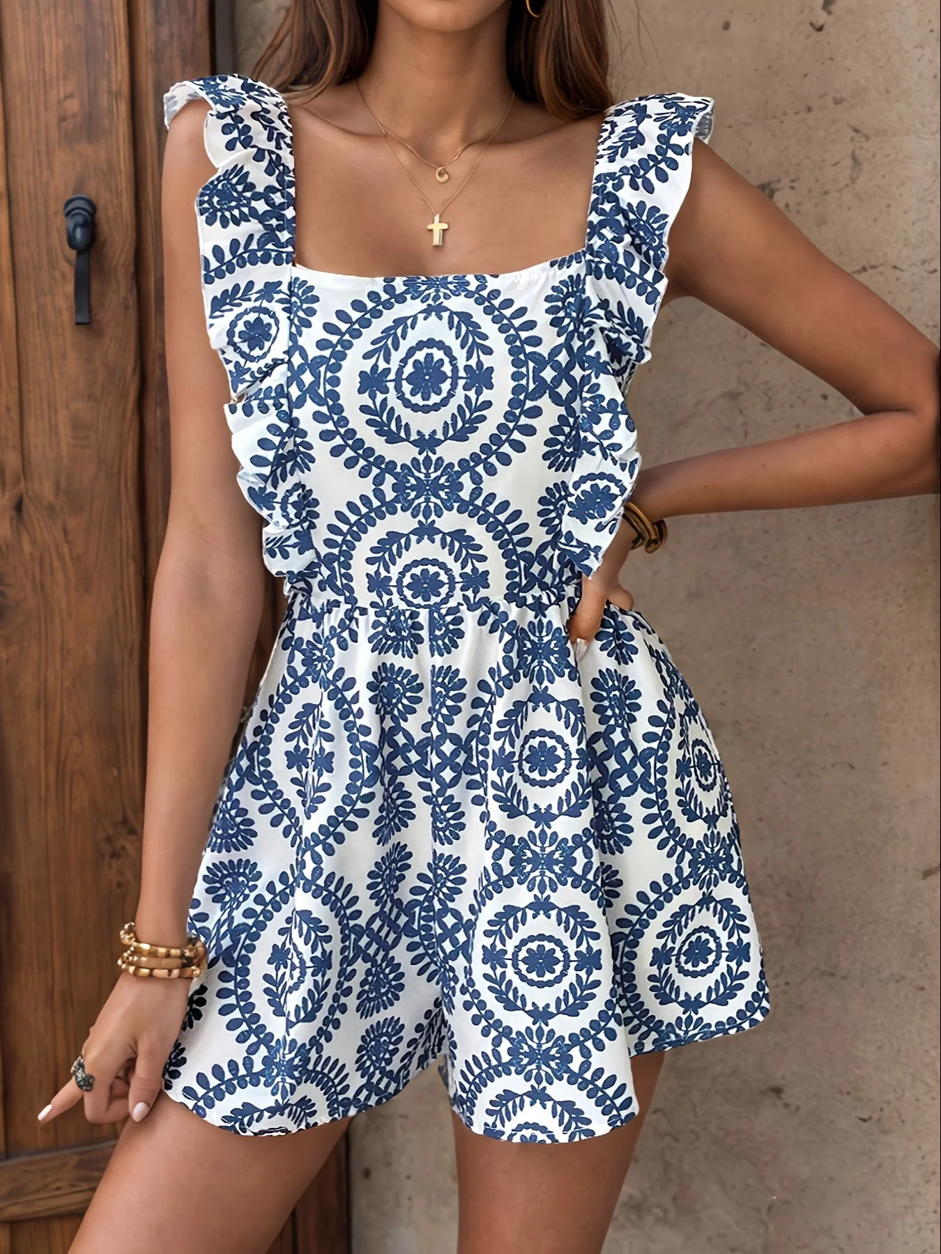 Damen Sommer Jumpsuit im eleganten Tribal-Stil mit Volantärmeln und Square Neck - Image 5
