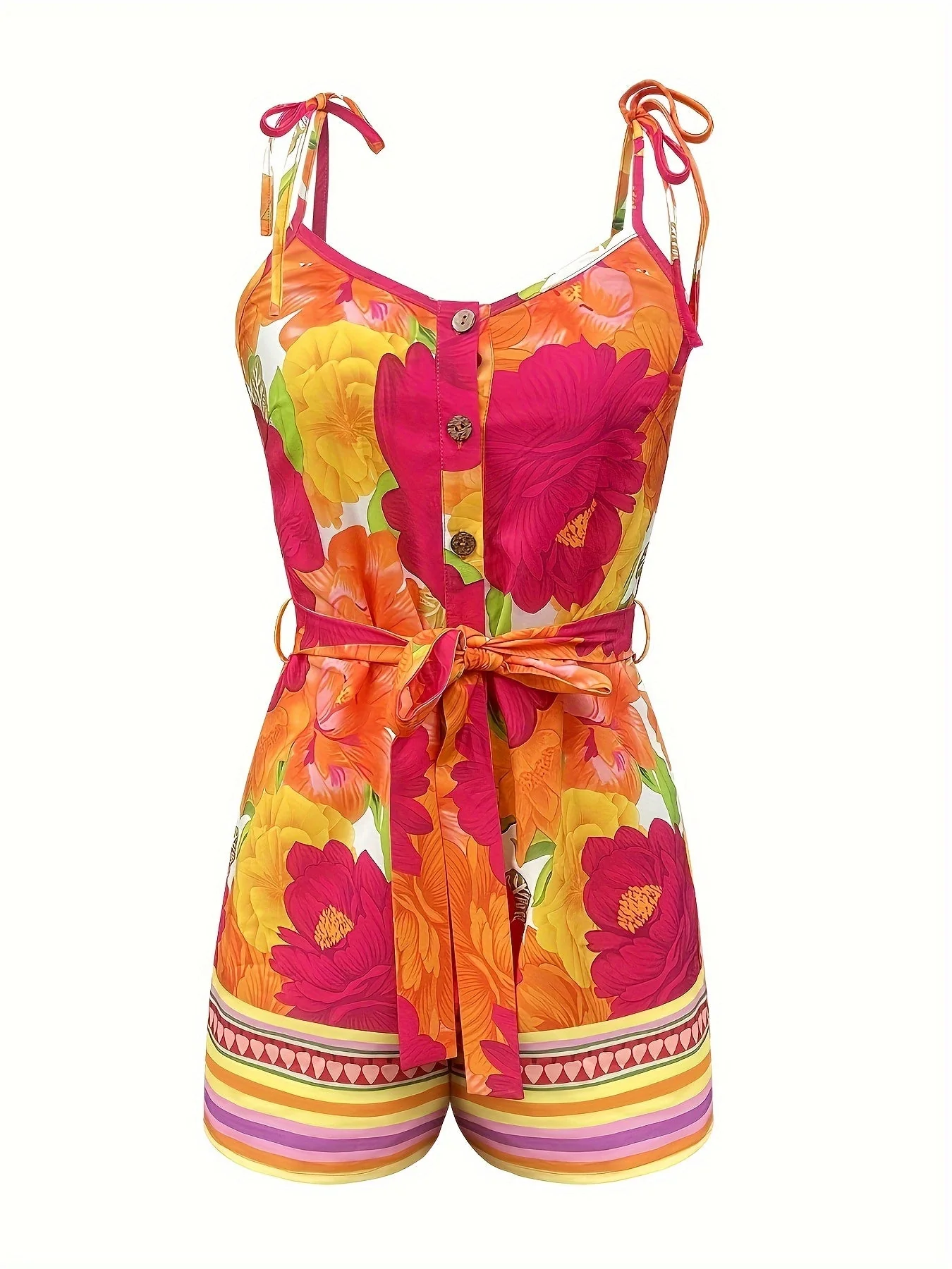 Damen Sommer Jumpsuit mit Gürtel und tropischem Print – Eleganter Freizeit-Overall für Urlaub & Alltag - Image 6