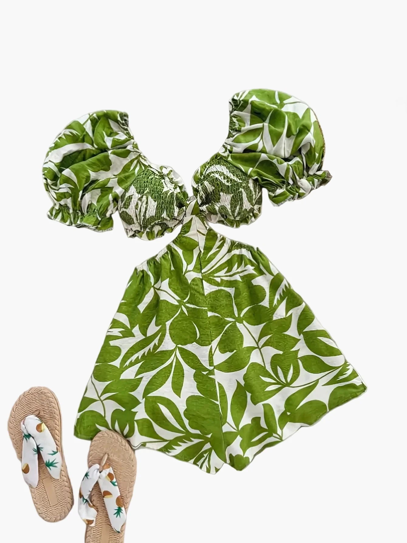 Damen Sommer Jumpsuit mit Puffärmeln und tropischem Blattmuster – Perfekt für Strand und Urlaub