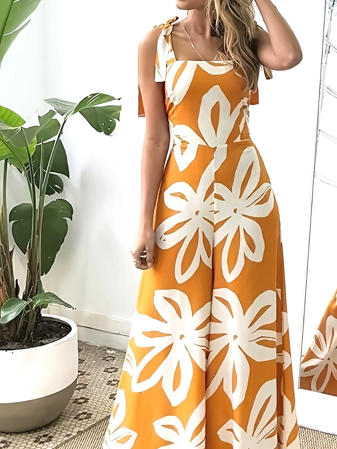 Damen Sommer Maxikleid Elegant mit Blumenmuster und Schleifen-Trägern – Perfekt für Urlaub & Freizeit