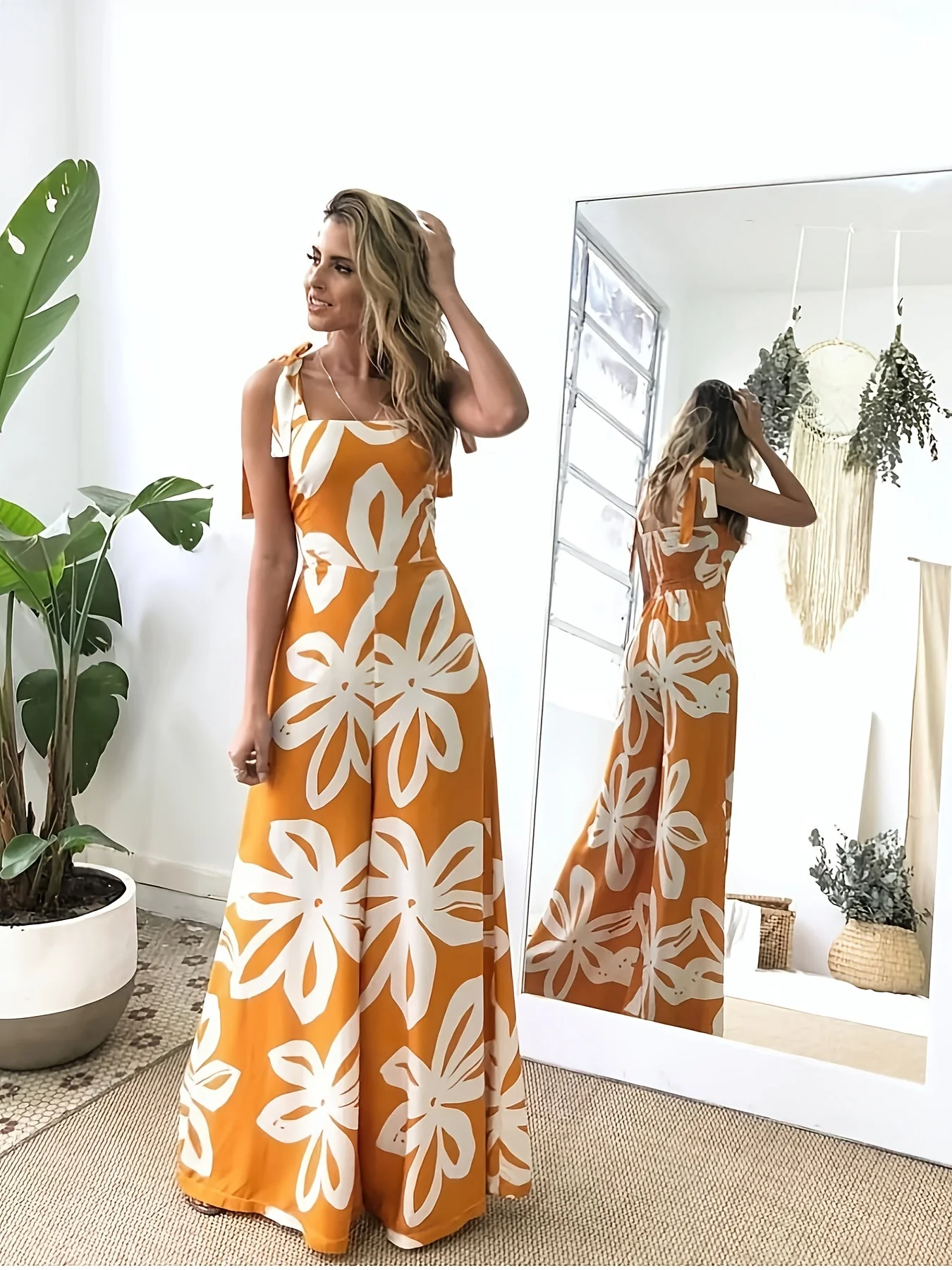 Damen Sommer Maxikleid Elegant mit Blumenmuster und Schleifen-Trägern – Perfekt für Urlaub & Freizeit - Image 2