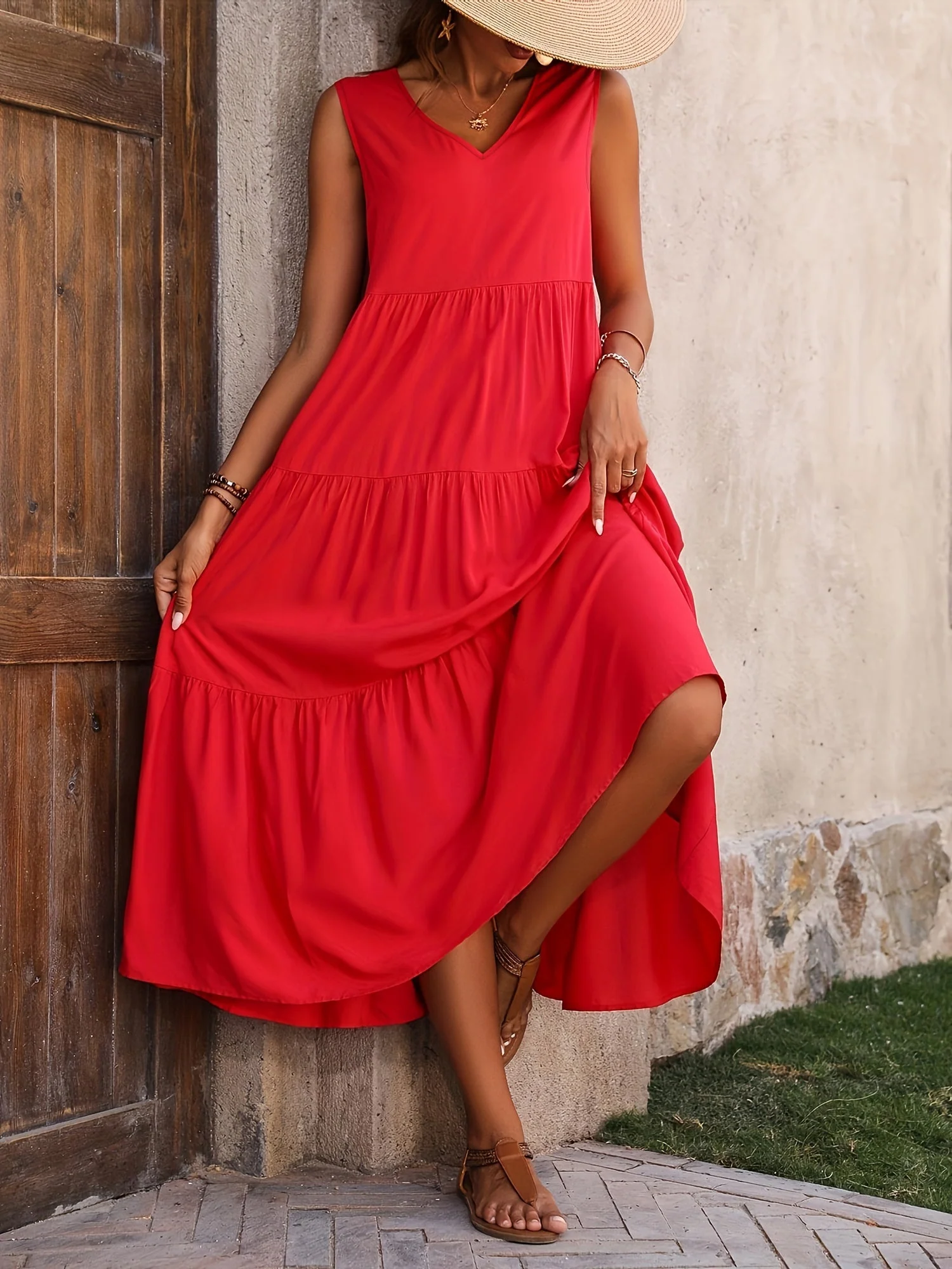 Damen Sommer Maxikleid Elegant mit Stufenrock und V-Ausschnitt – Perfekt für Freizeit & Urlaub