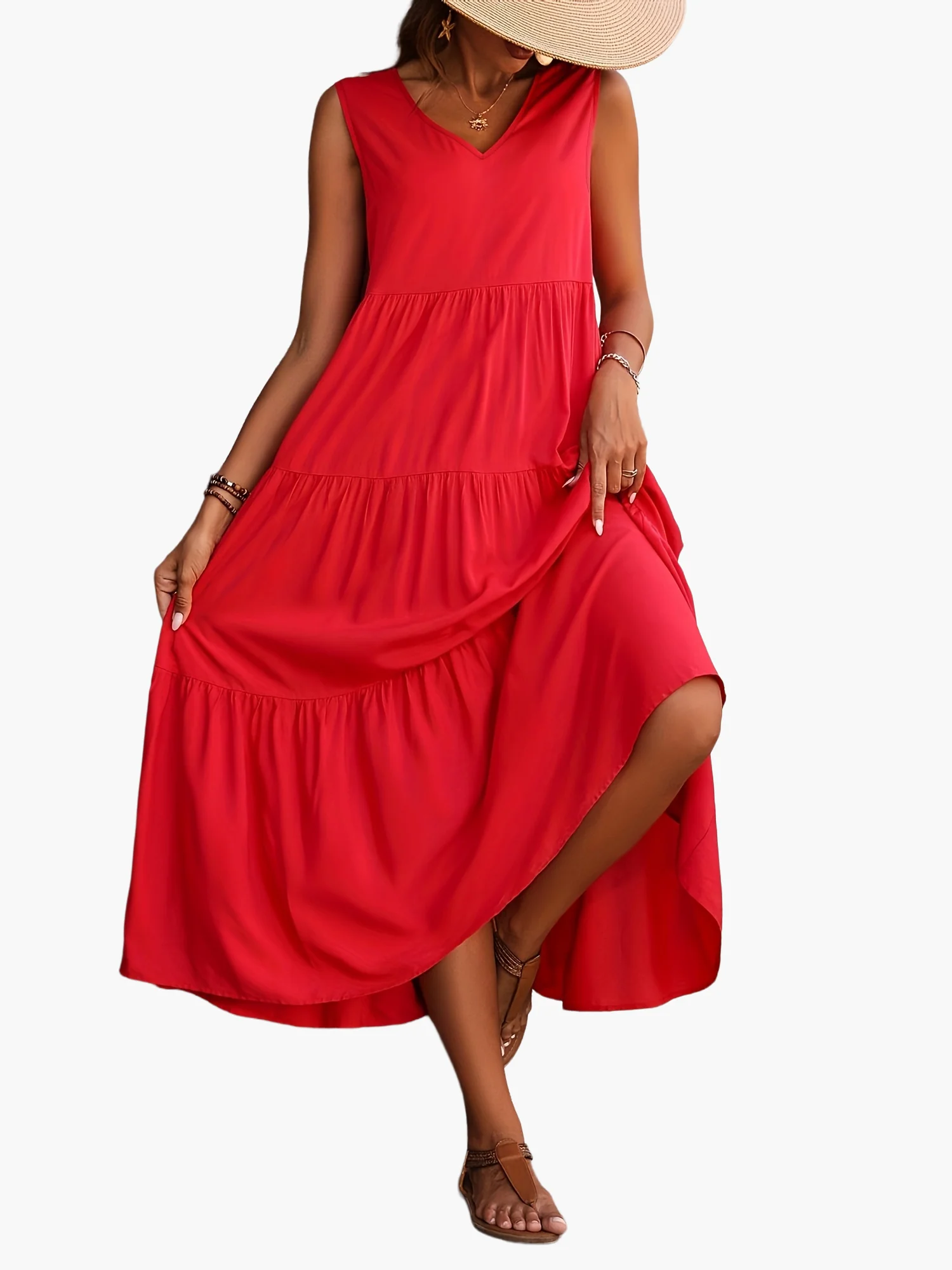 Damen Sommer Maxikleid Elegant mit Stufenrock und V-Ausschnitt – Perfekt für Freizeit & Urlaub - Image 3