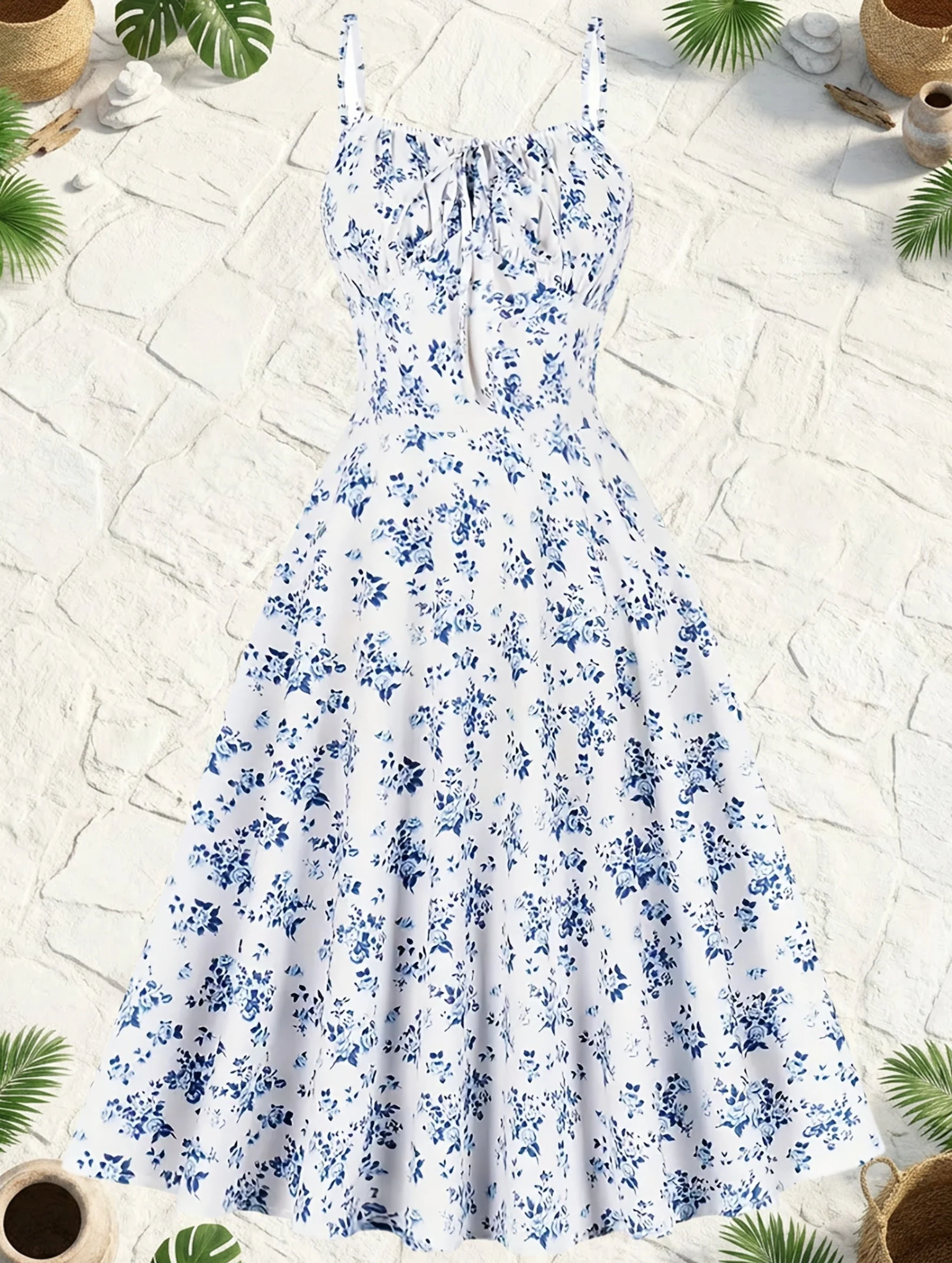 Damen Sommer Midikleid mit Blumenmuster und Bindeband – Elegantes A-Linienkleid für Alltag und Gartenparty